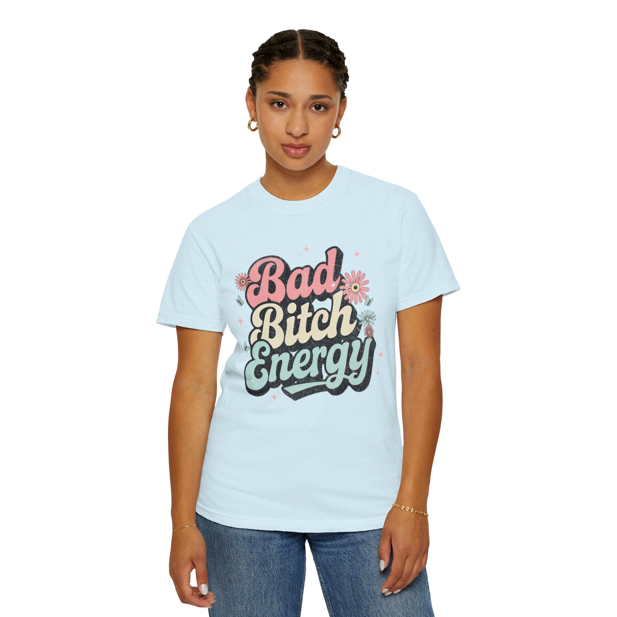 Textured Bad Bitch Energy T-shirt |Textured Retro Script Floral Graphic