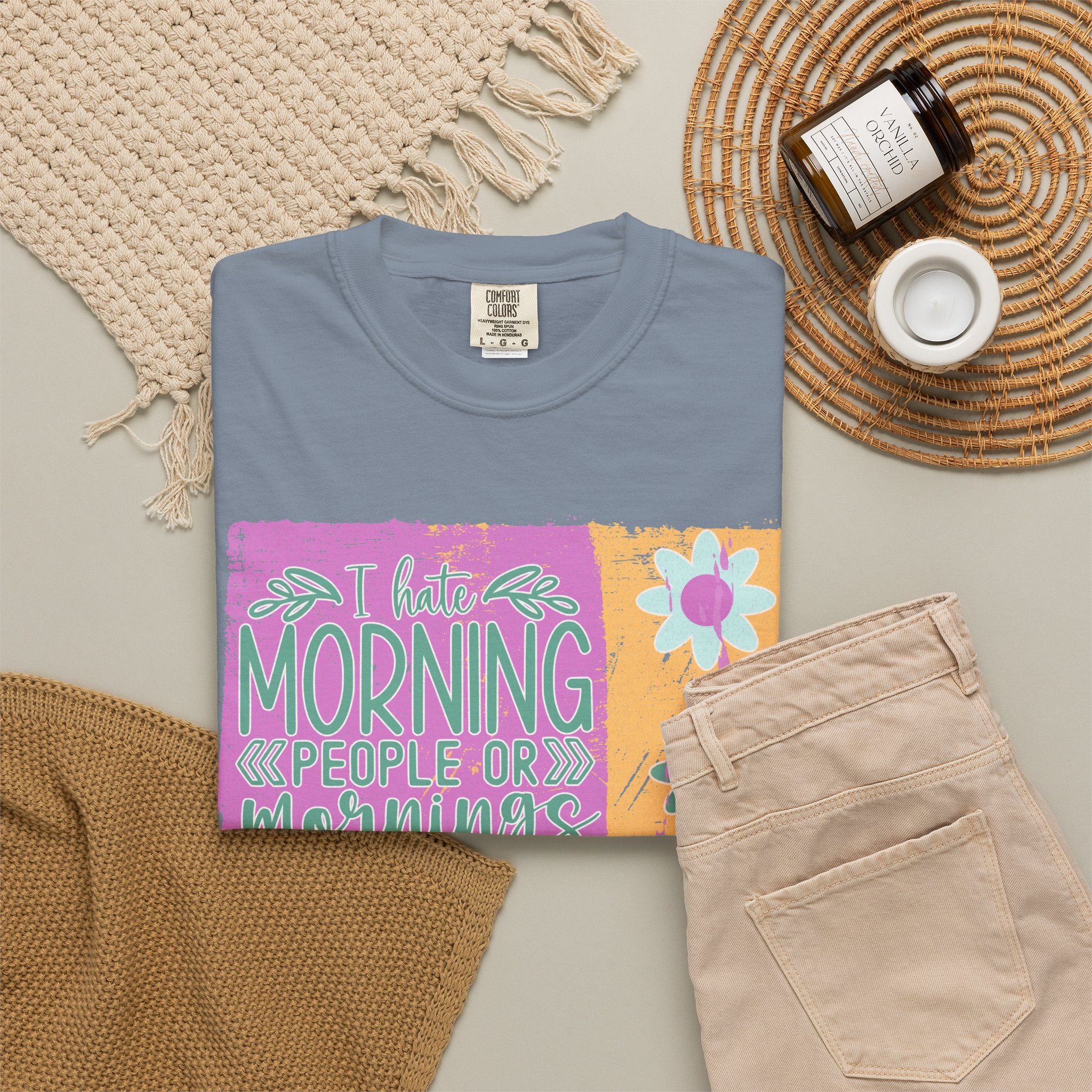 Graphic Textured T-Shirt — “Not a Morning Person” Retro Floral Block Design