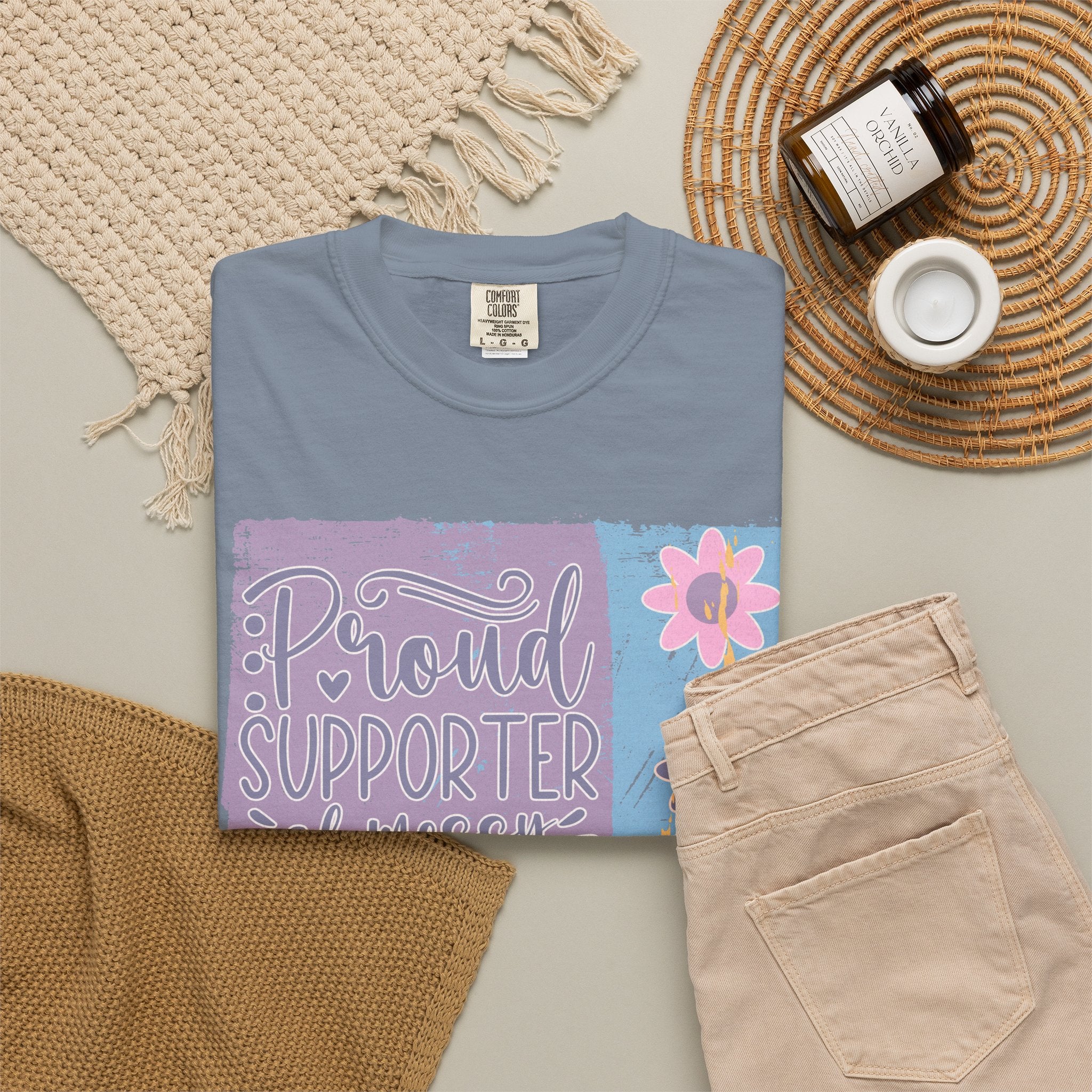 Textured T-Shirt — "Proud Supporter of Messy Hair and Sweatpants" Floral Graphic