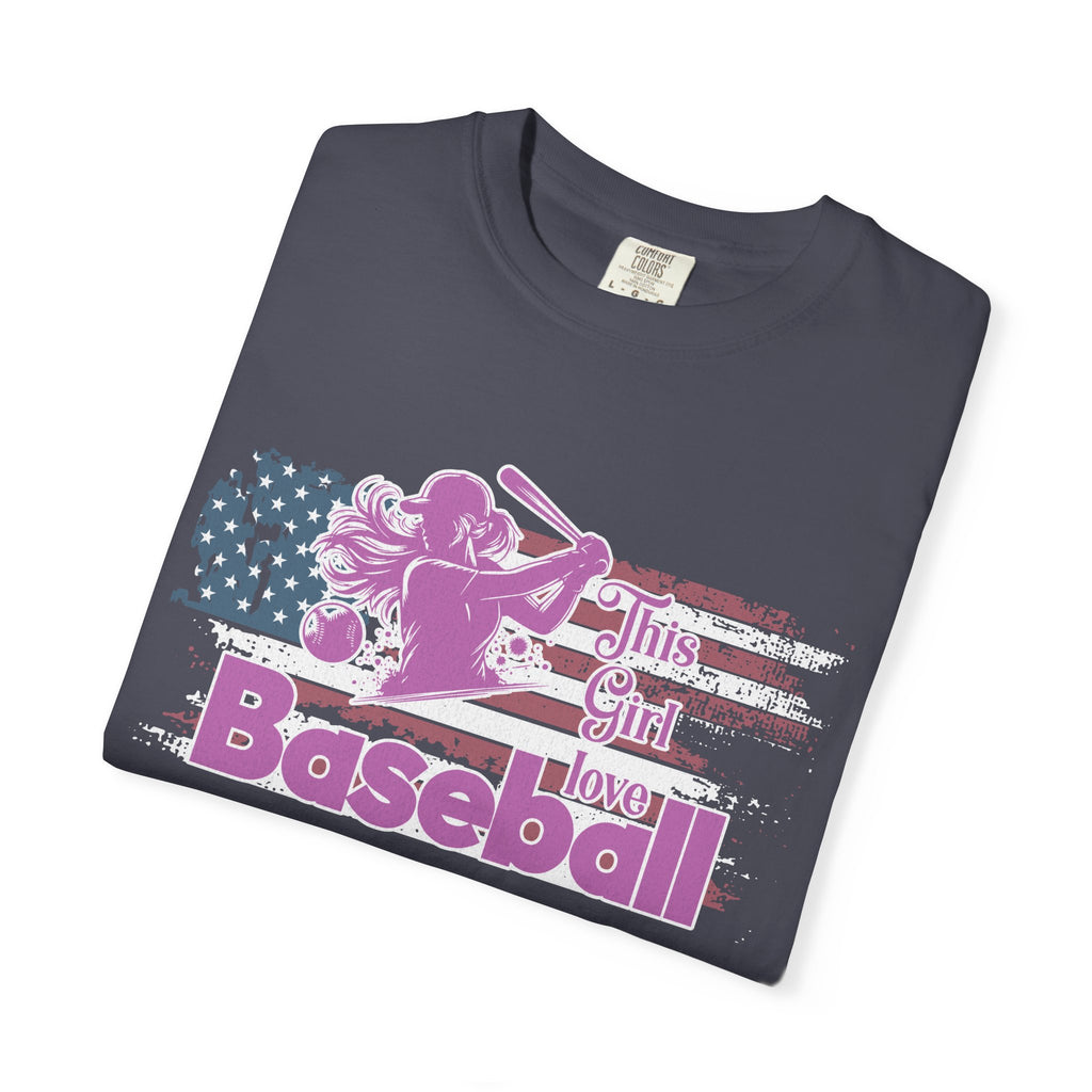Textured Baseball Tee — "This Girl Loves Baseball" Patriotic Pink Softball T-Shirt