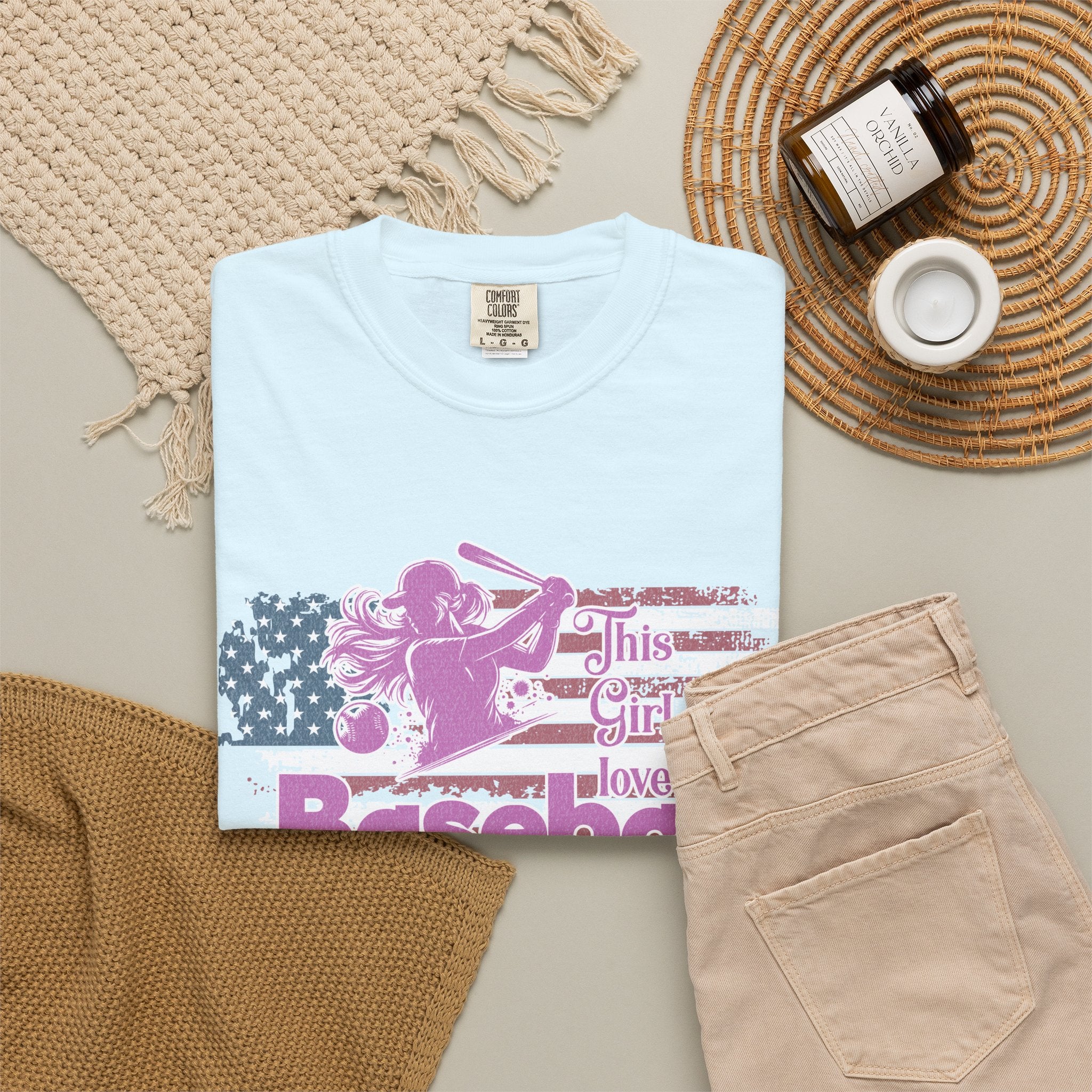 Textured Baseball Tee — "This Girl Loves Baseball" Patriotic Pink Softball T-Shirt
