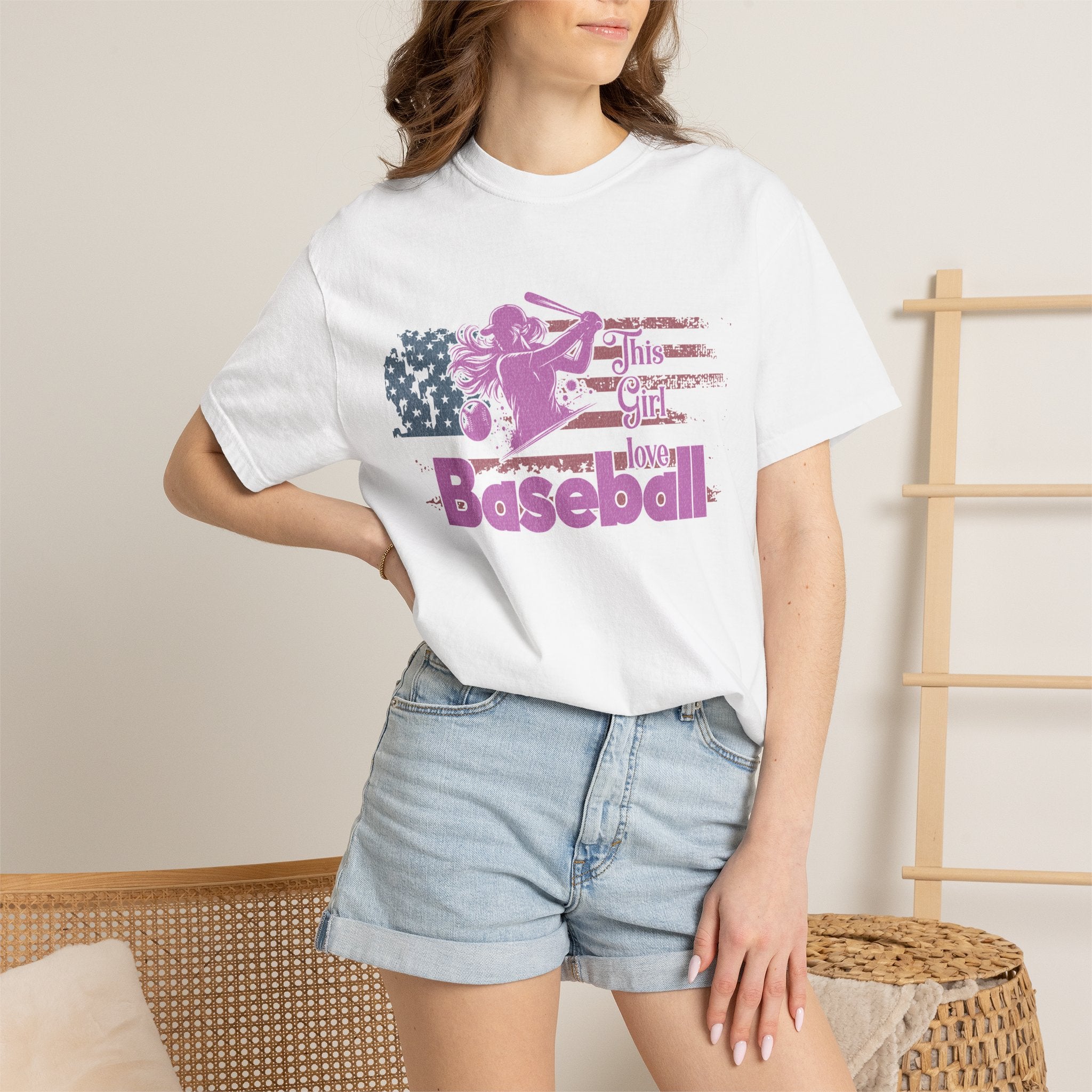 Textured Baseball Tee — "This Girl Loves Baseball" Patriotic Pink Softball T-Shirt