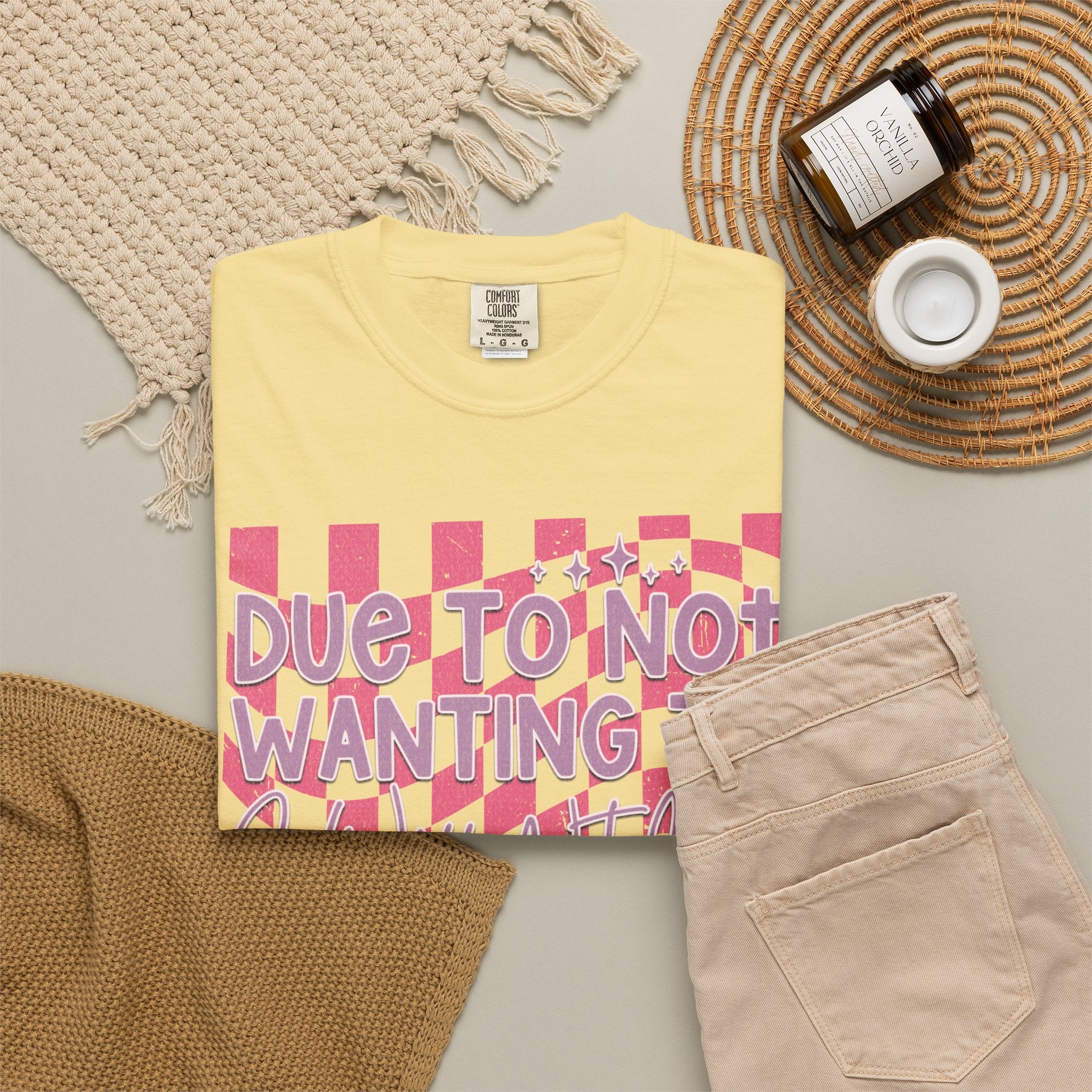Textured Graphic Tee — “Due to Not Wanting to” Pink Checkerboard T-Shirt