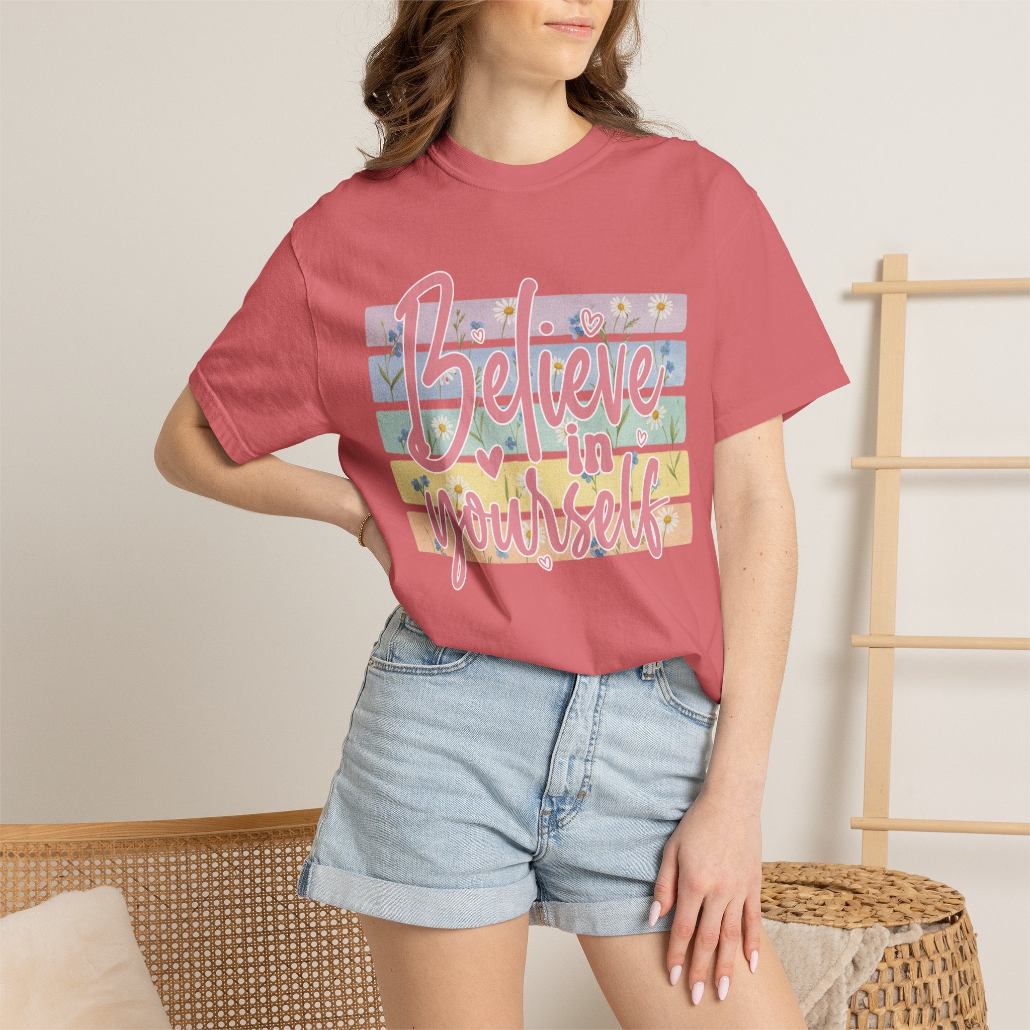 Textured Believe in Yourself T-Shirt — Pastel Floral Inspirational Tee