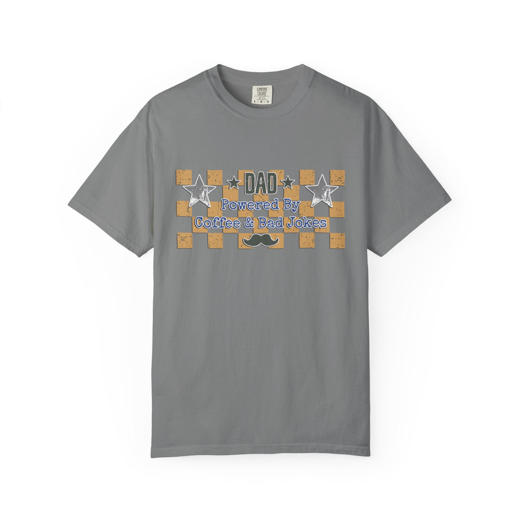 Dad Powered By Coffee & Bad Jokes Textured T-Shirt — Funny Fathers Day Gift