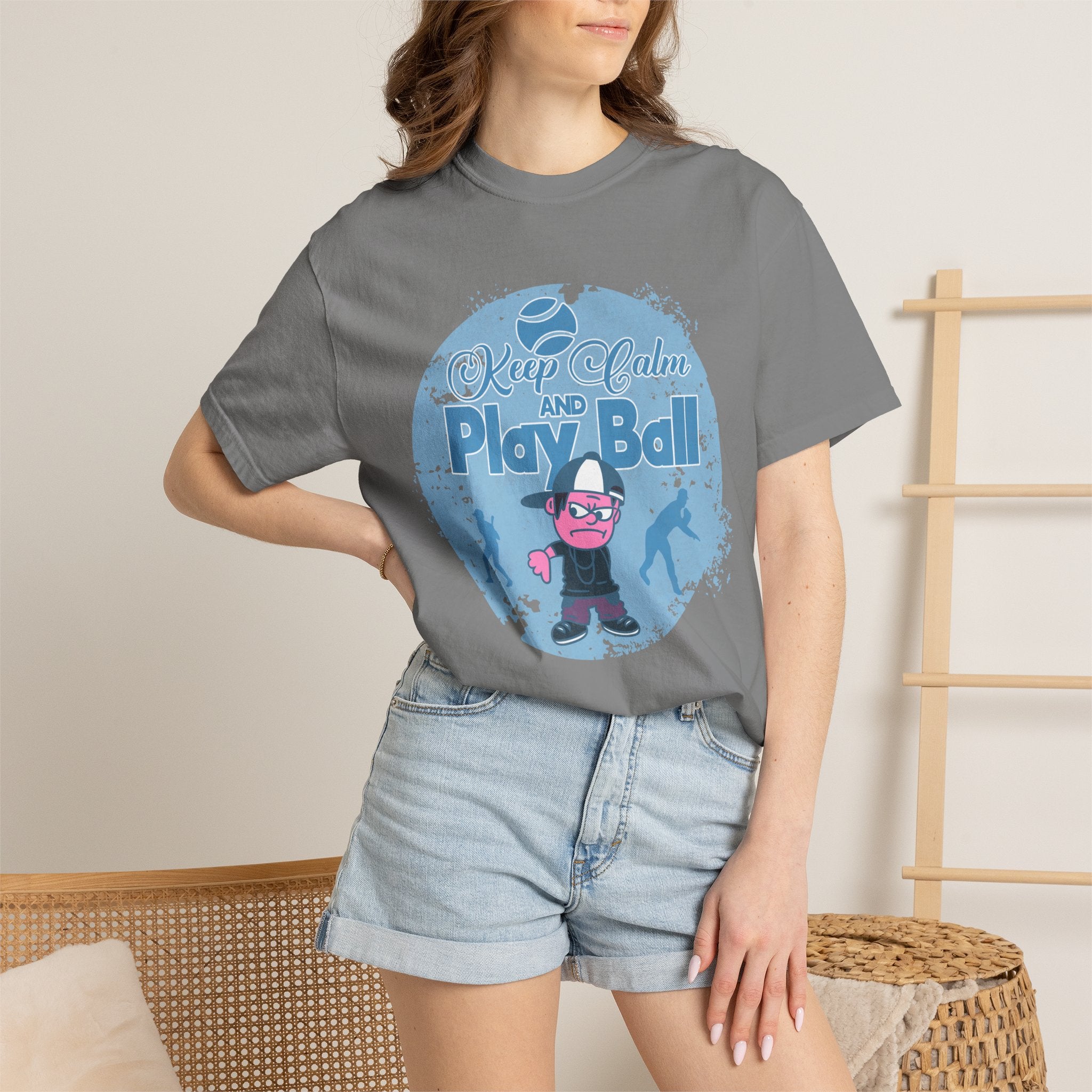 Textured Keep Calm and Play Ball Baseball T-Shirt — Cute Mascot Sports Tee for Kids & Fans