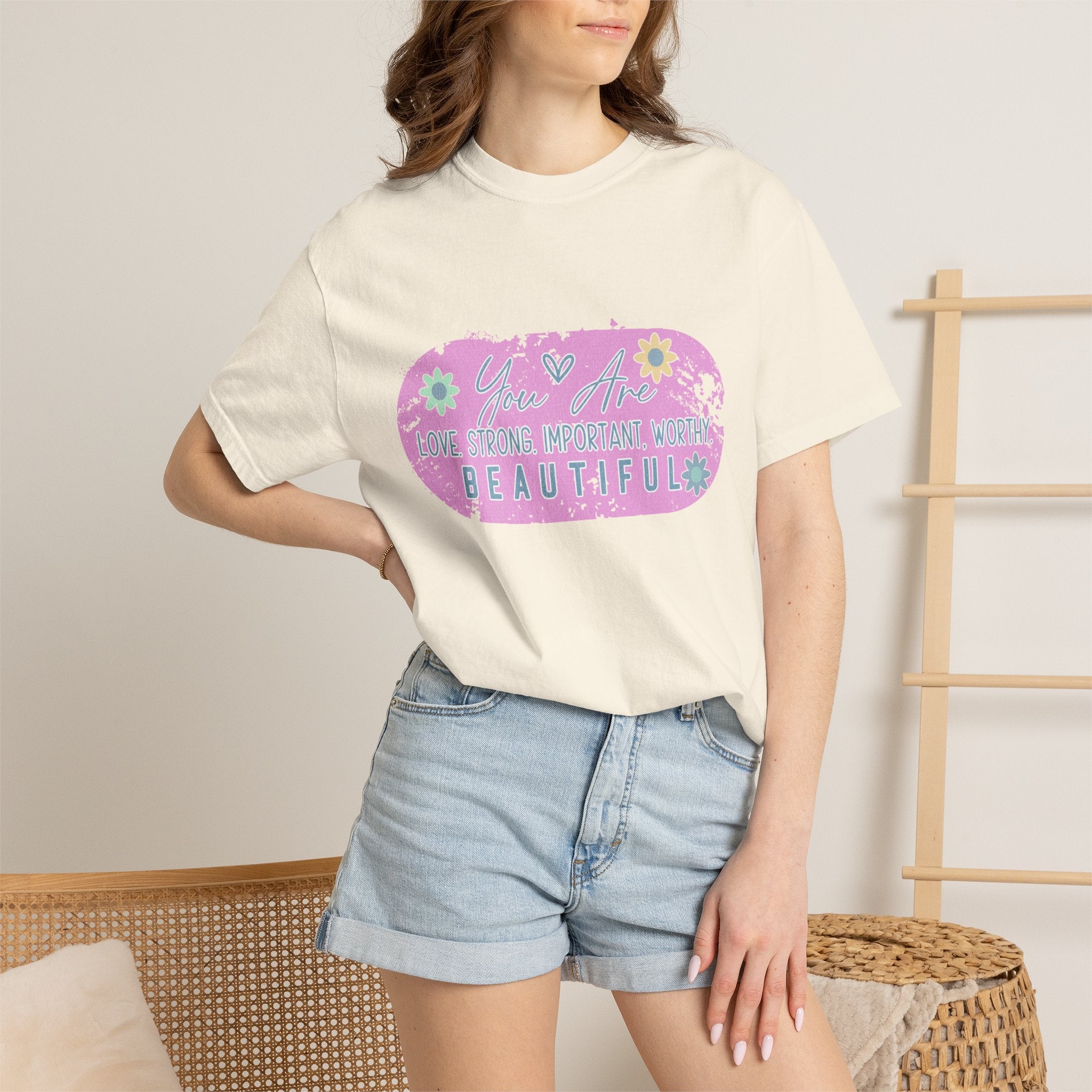 Textured T-Shirt — She is Brave, Strong, Worthy, Beautiful Floral Graphic Tee