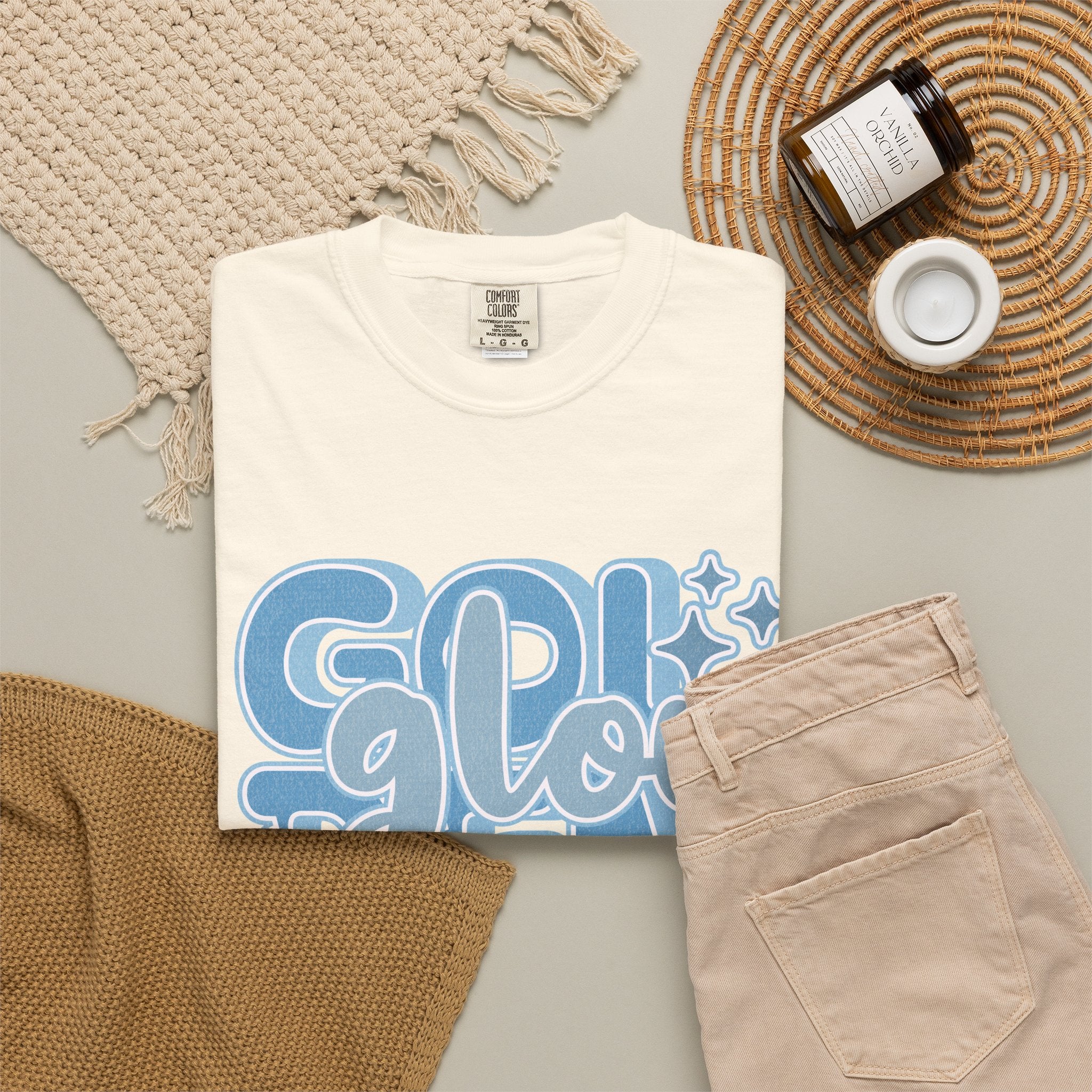 Golden Glow Textured  T‑Shirt — Retro Blue Script Graphic Tee