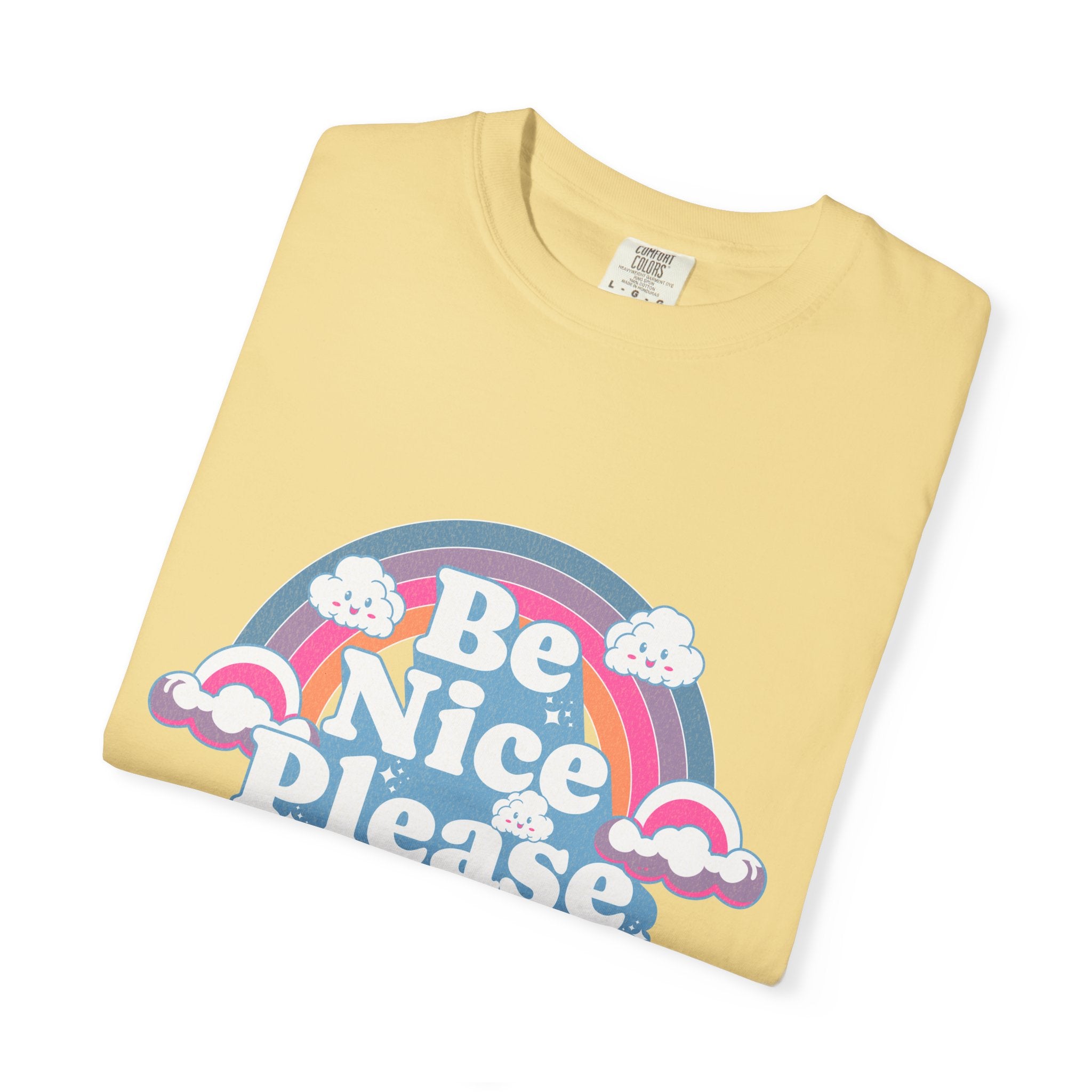 Be Nice Please Textured T-Shirt — Retro Rainbow Positive Message Tee