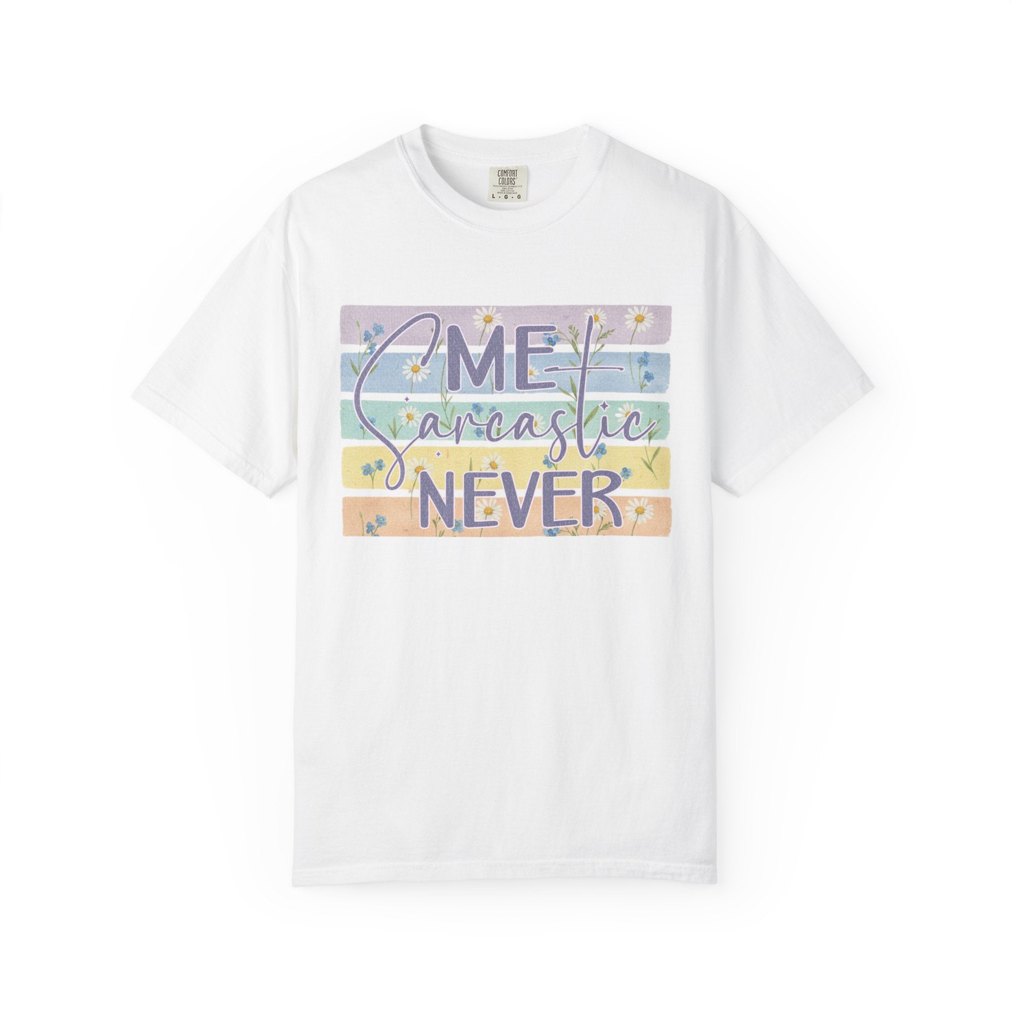 Textured Sarcastic Never T-Shirt — Pastel Striped 'Me? Sarcastic? Never' Graphic Tee