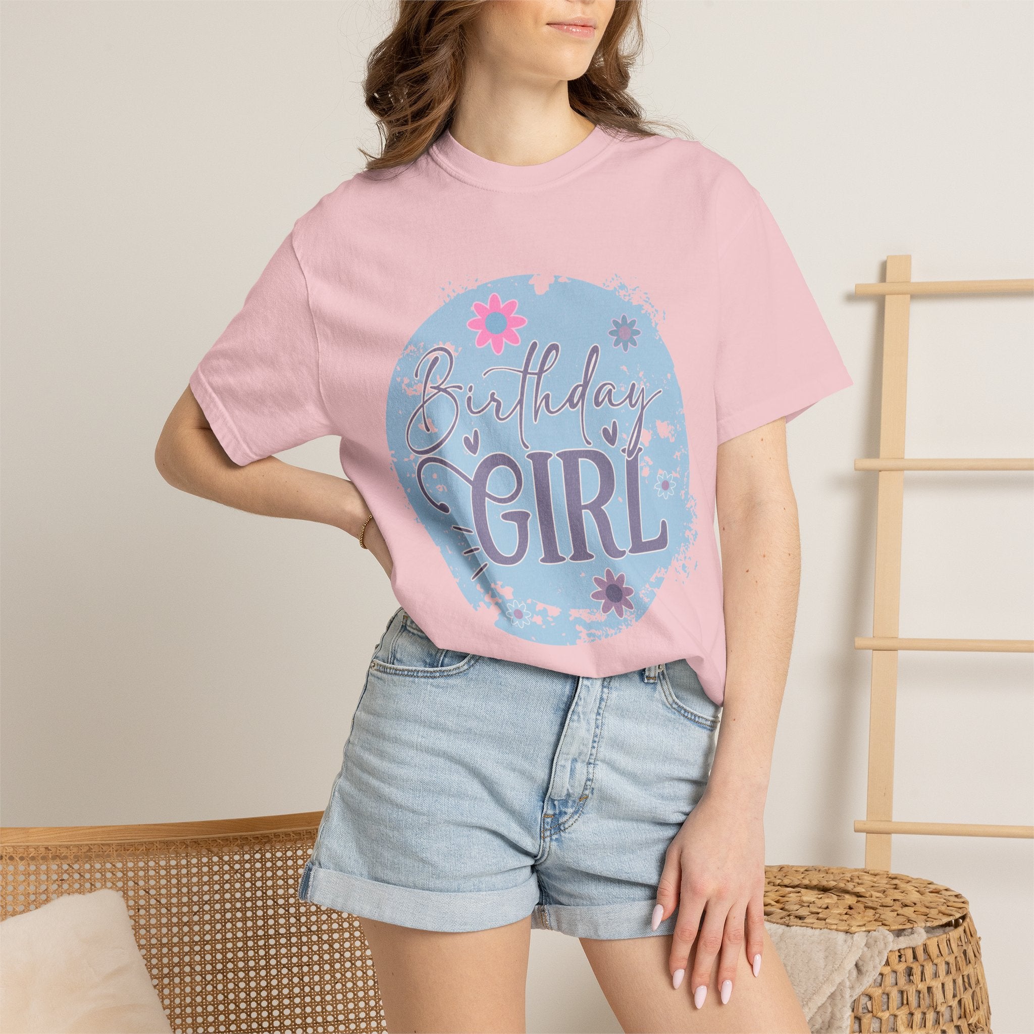 Birthday Girl Textured T-Shirt — Floral Blue Circle Graphic