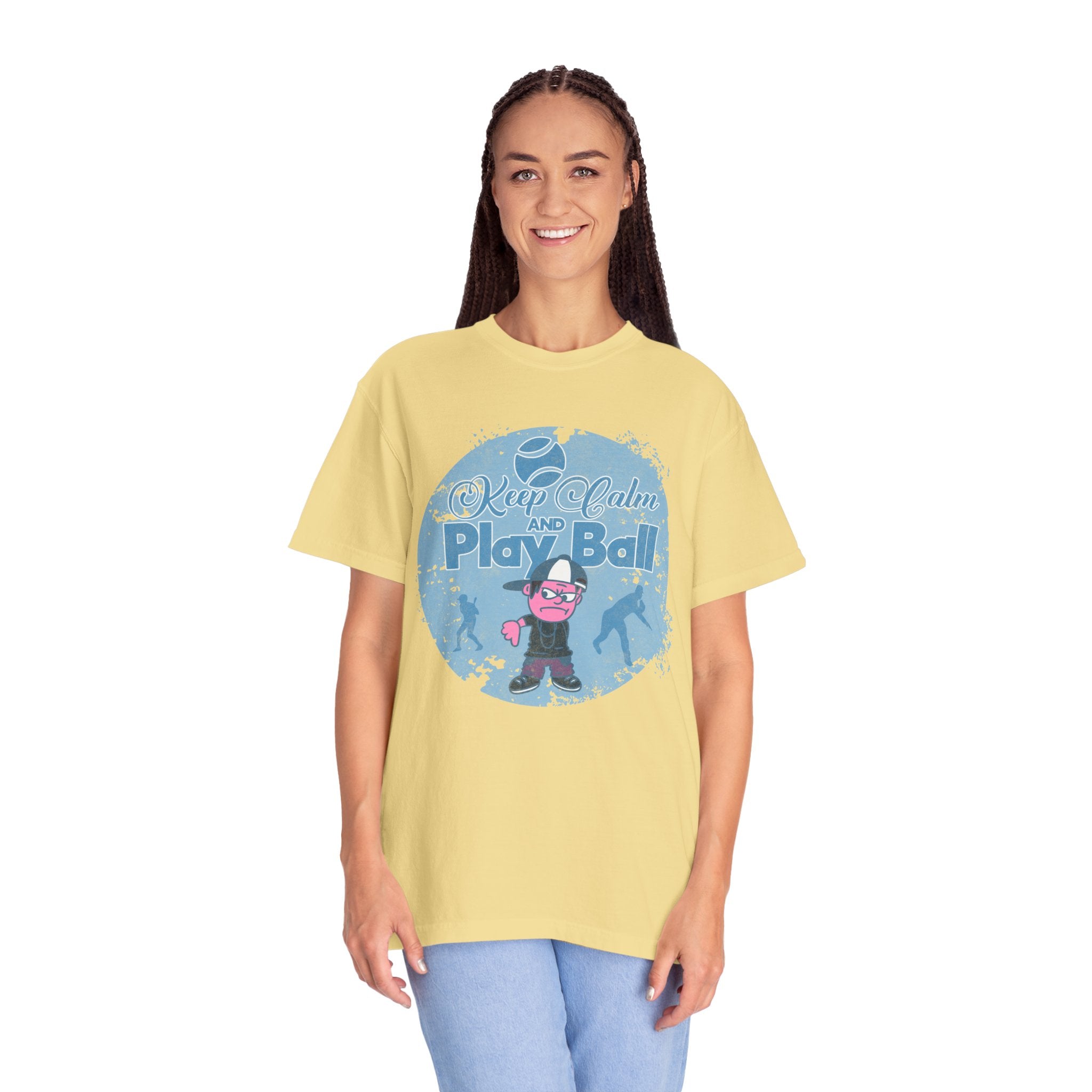 Textured Keep Calm and Play Ball Baseball T-Shirt — Cute Mascot Sports Tee for Kids & Fans
