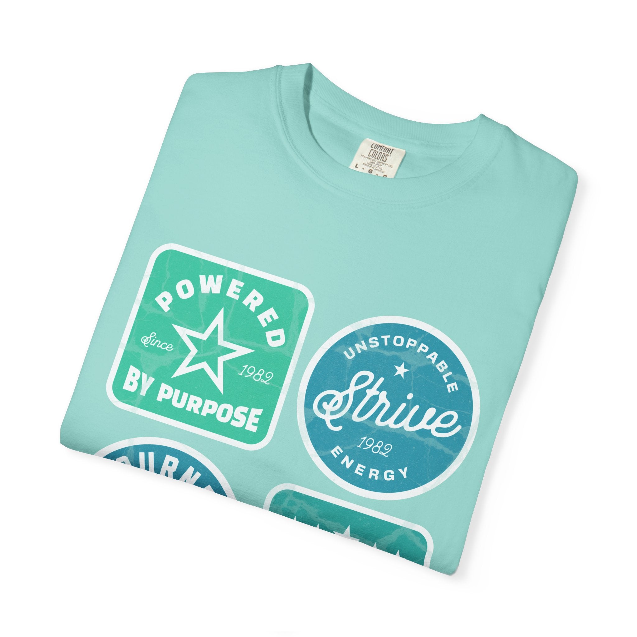 Motivational Badge Graphic Textured T-Shirt — "Powered by Purpose, Strive, Journey, Freedom"