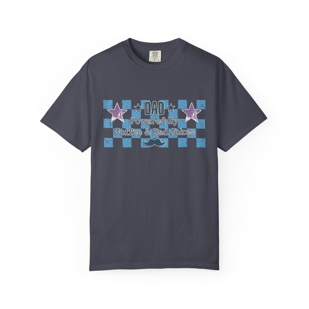 Textured Dad Powered By Coffee & Chaos T-Shirt — Retro Checkered Father's Day Tee