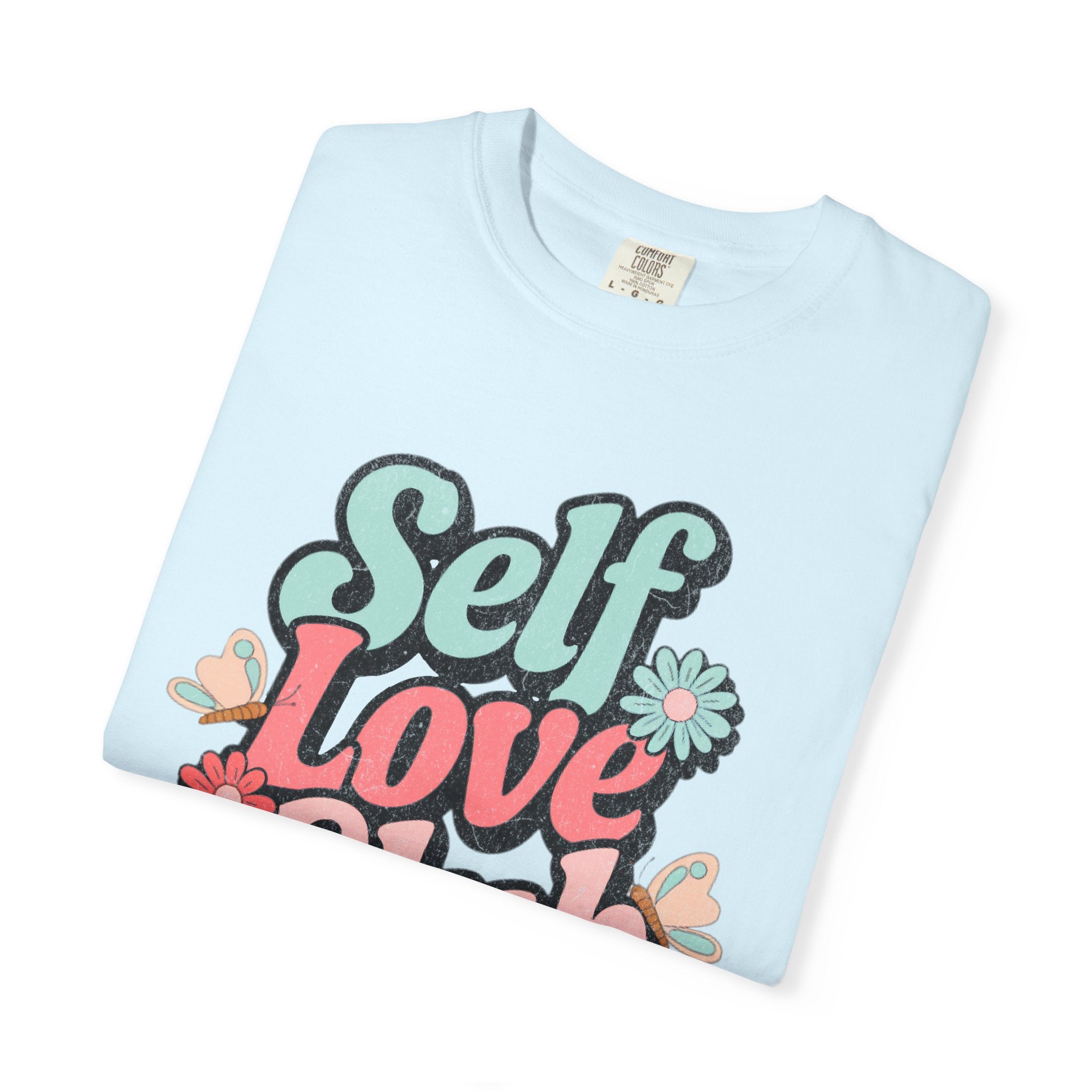 Self Love Club T-shirt | Textured Retro Floral Typography, Pastel 70s Vibe