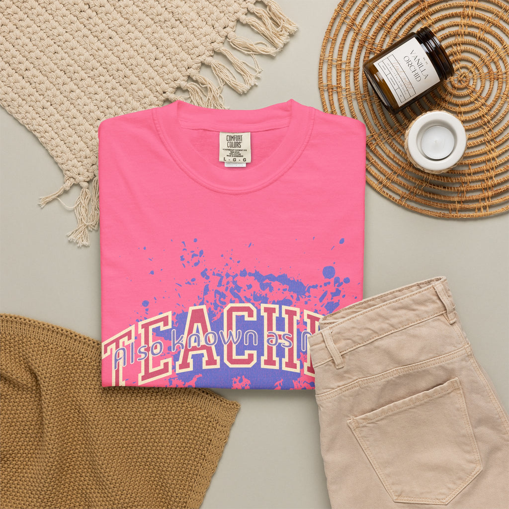 Teacher Also Known As Mom Textured T-Shirt — 'TEACHER' Collegiate Arc Design