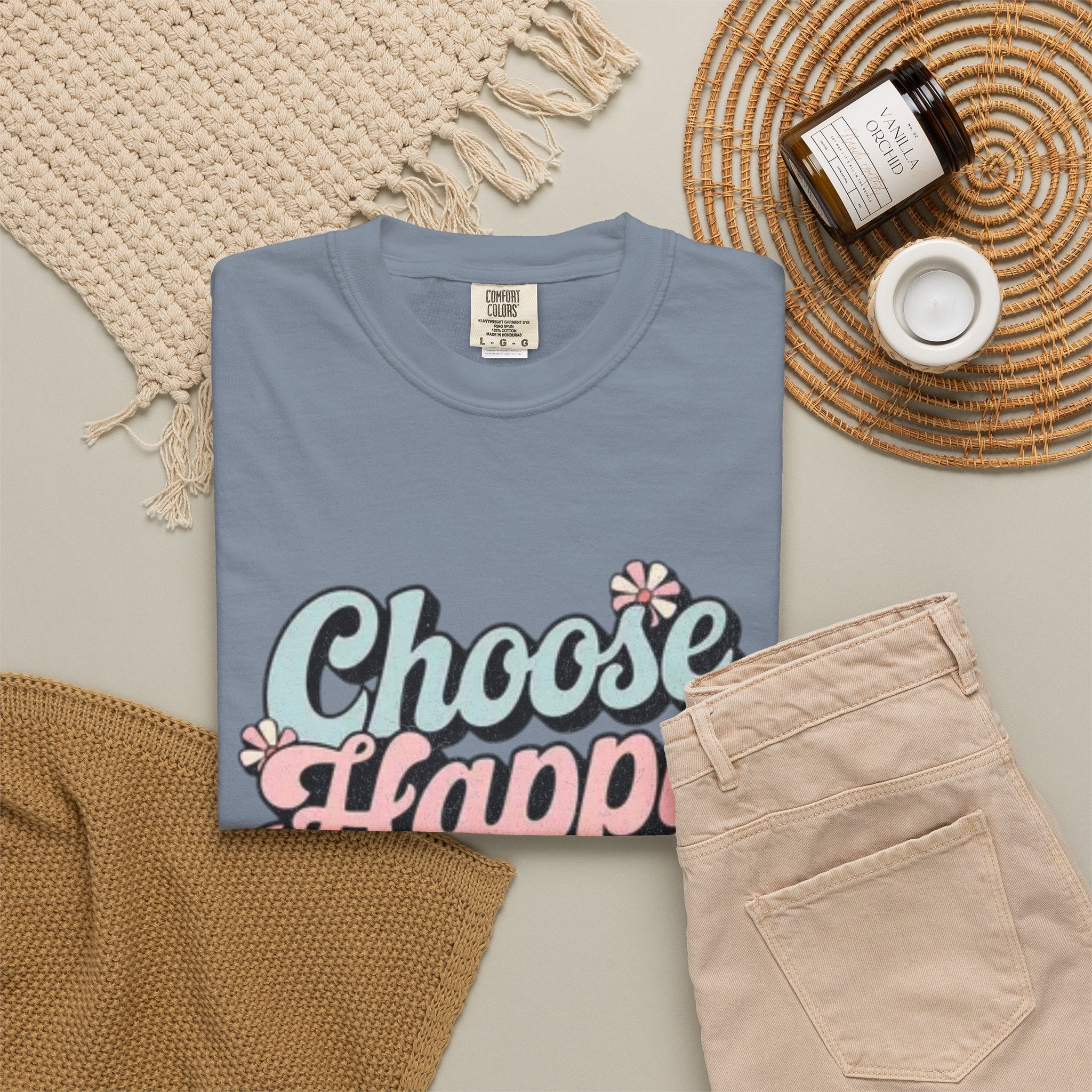 Choose Happy retro script shirt | Textured Positive message tee, pastel floral design