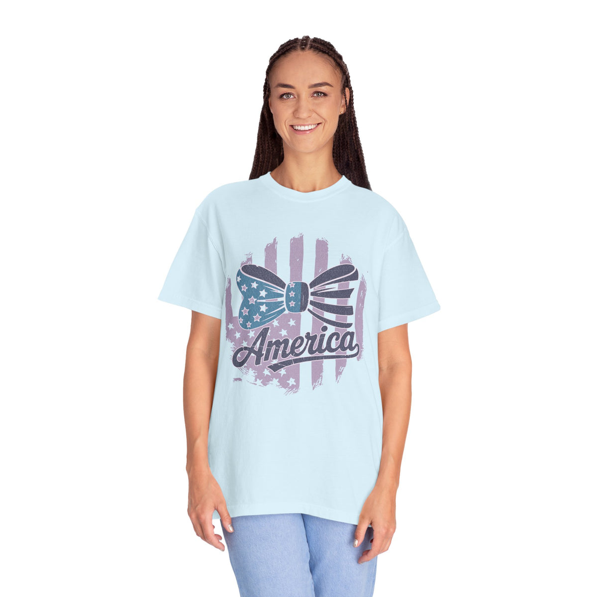 America Flag Bow Textured T-Shirt – Patriotic Floral USA Graphic Tee