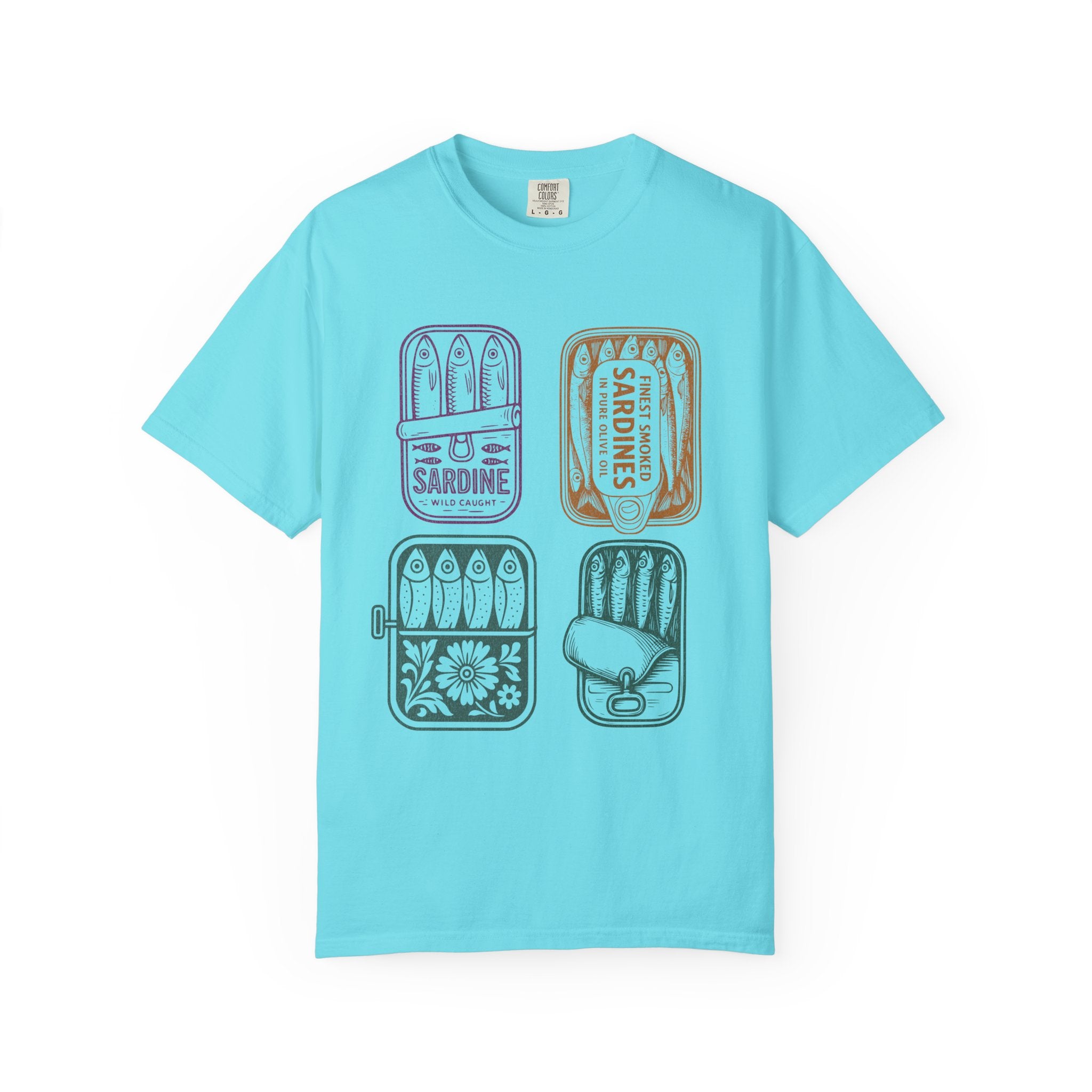 Sardine Tin Graphic Textured T-Shirt — Vintage Seafood Illustration Tee