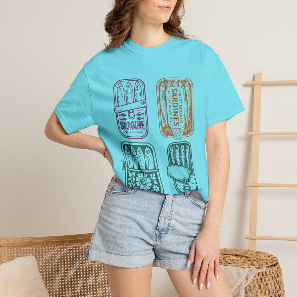 Sardine Tin Graphic Textured T-Shirt — Vintage Seafood Illustration Tee
