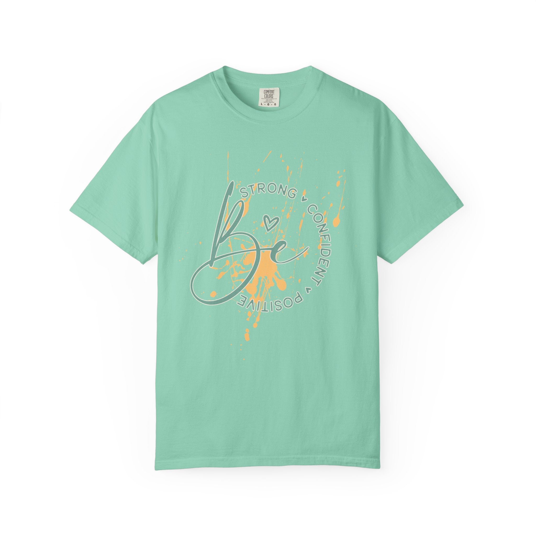 Textured Joy Script T-Shirt — “Be” Positive Graphic Tee: Strong • Confident • Positive