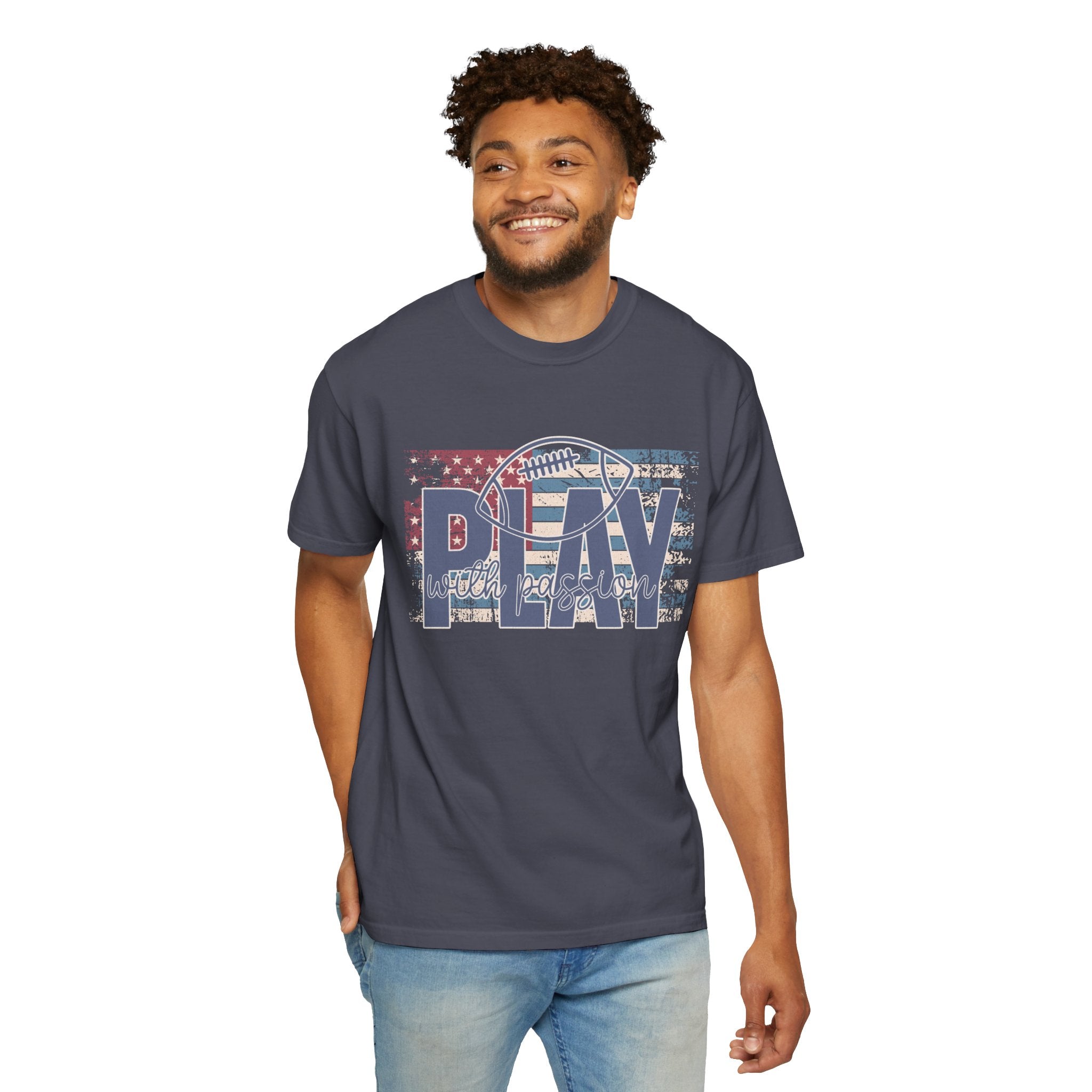 Play With Passion Football Textured Tee — Vintage American Flag Sports Tee
