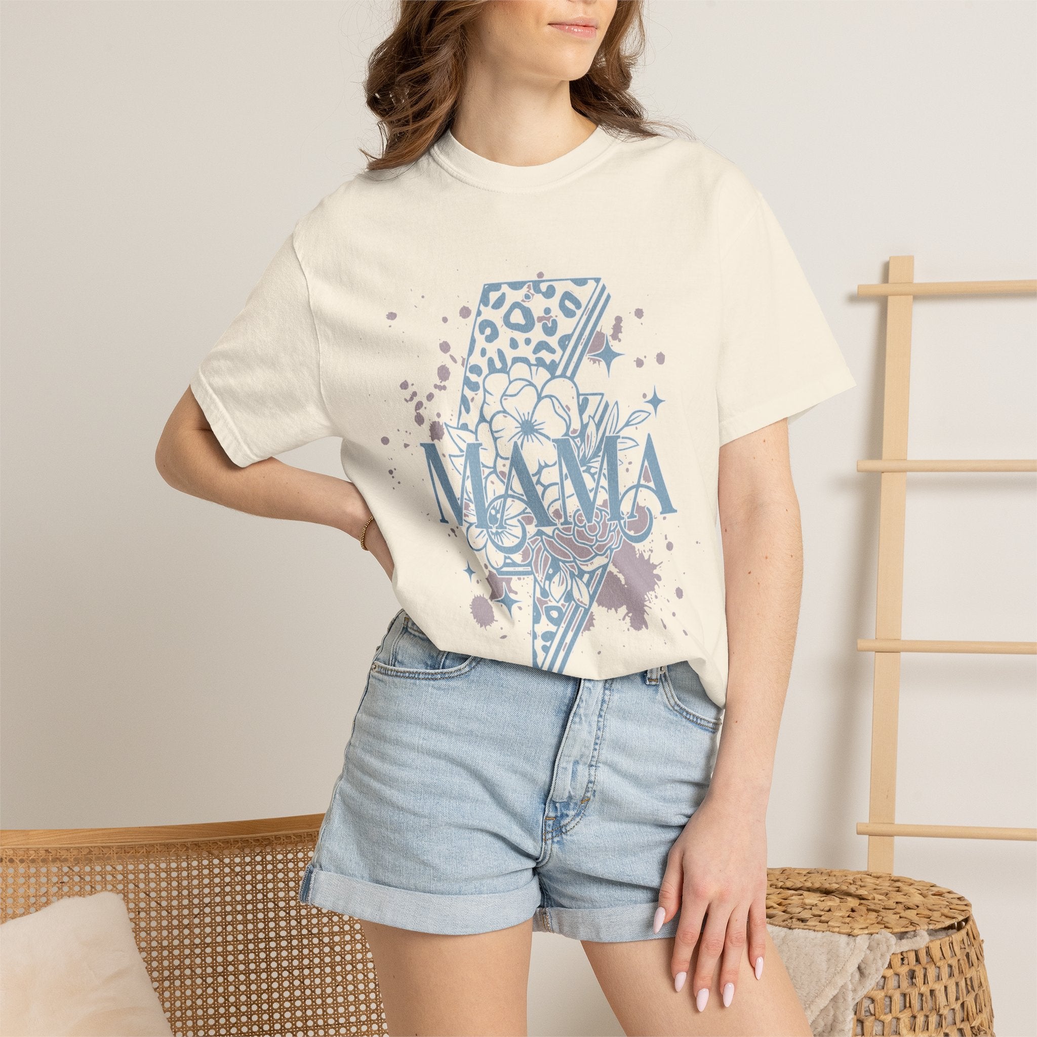 Mama Lightning Bolt Textured Graphic Tee — Floral Leopard Rocker Mom T-Shirt