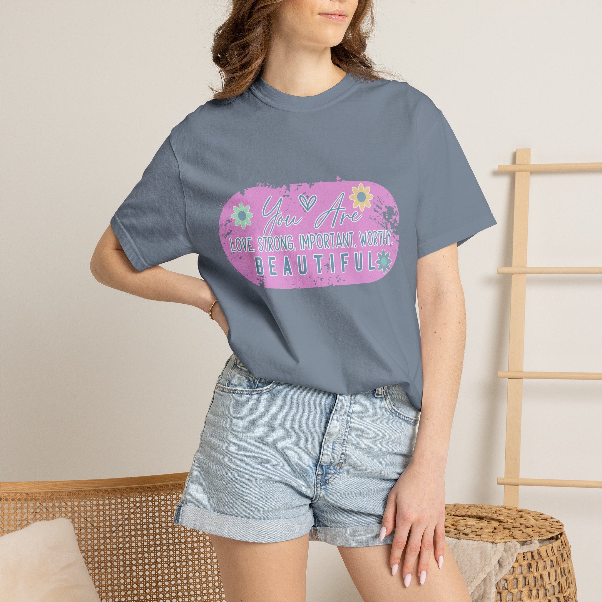 Textured T-Shirt — She is Brave, Strong, Worthy, Beautiful Floral Graphic Tee