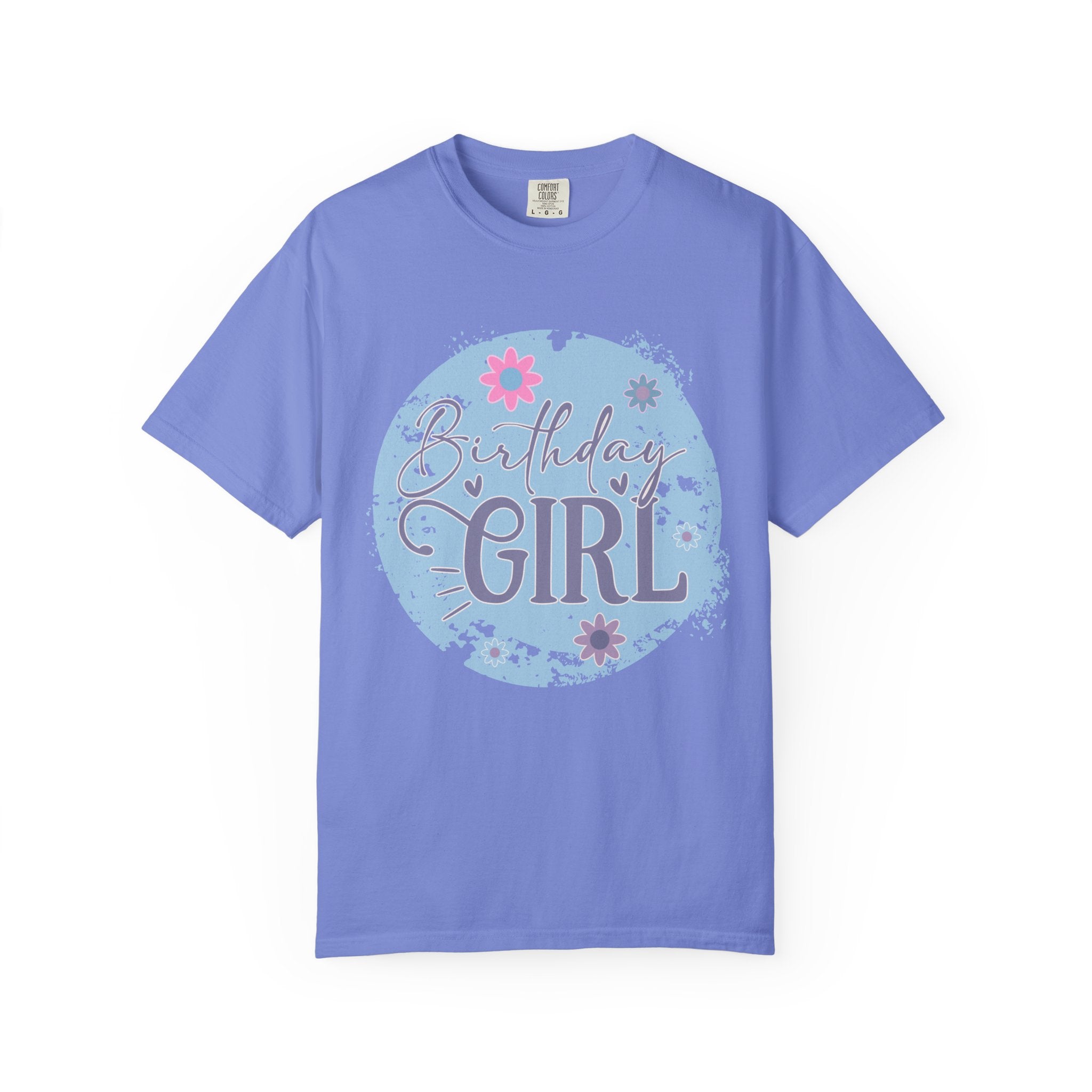 Birthday Girl Textured T-Shirt — Floral Blue Circle Graphic