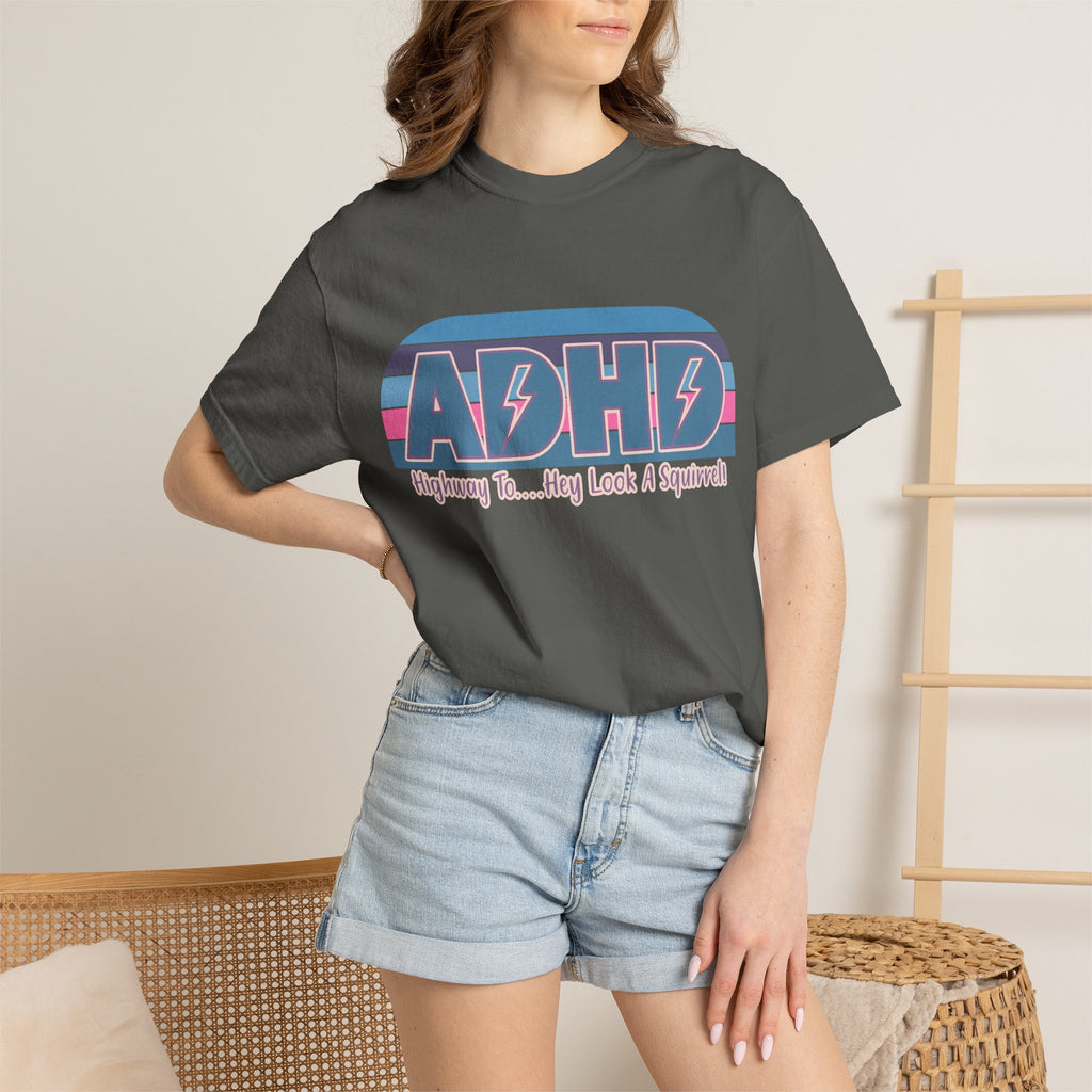ADHD Retro Stripe T-Shirt — “Highway To… Hey Look A Squirrel!” Funny Neurodivergent Tee
