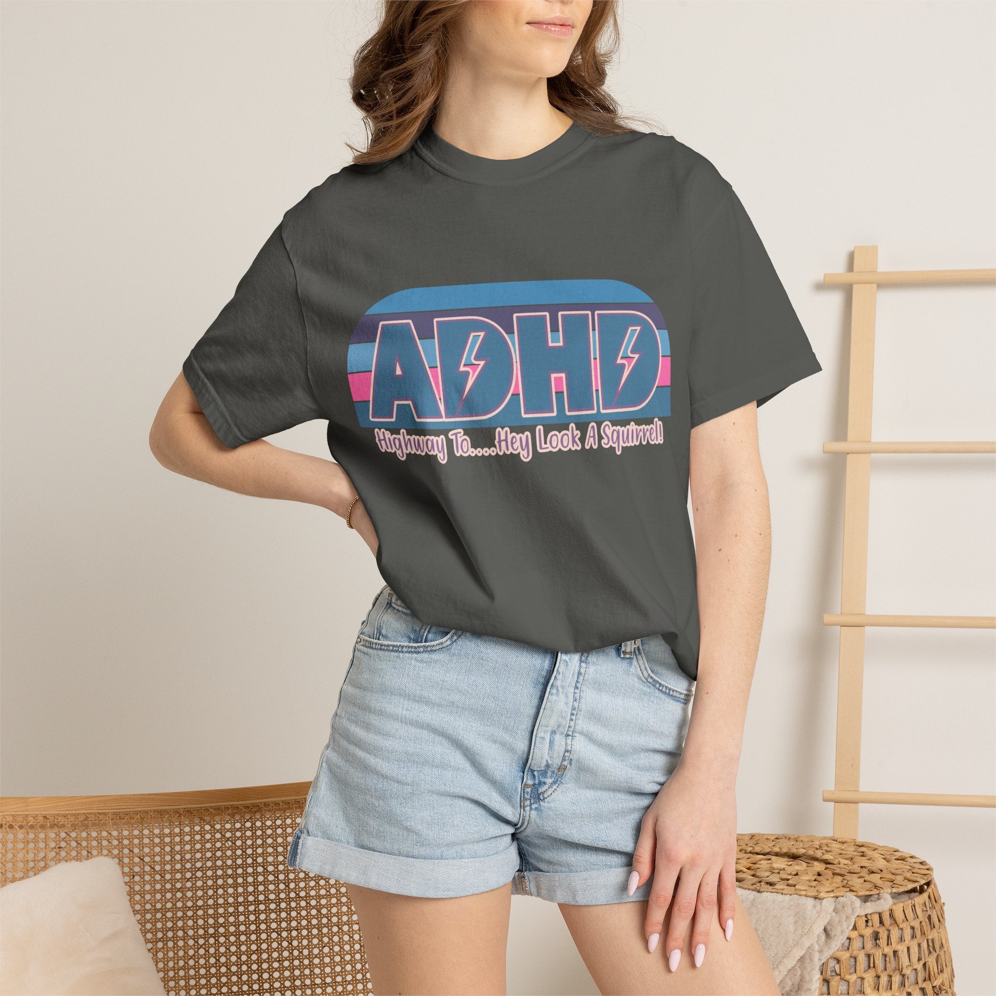 ADHD Retro Stripe T-Shirt — “Highway To… Hey Look A Squirrel!” Funny Neurodivergent Tee