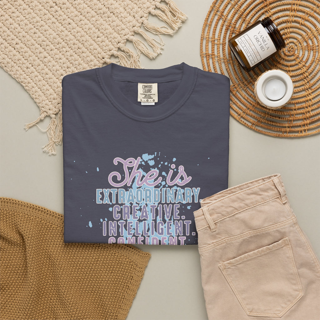 She Is Inspirational Textured Graphic T-Shirt — "She is extraordinary, creative, intelligent..."