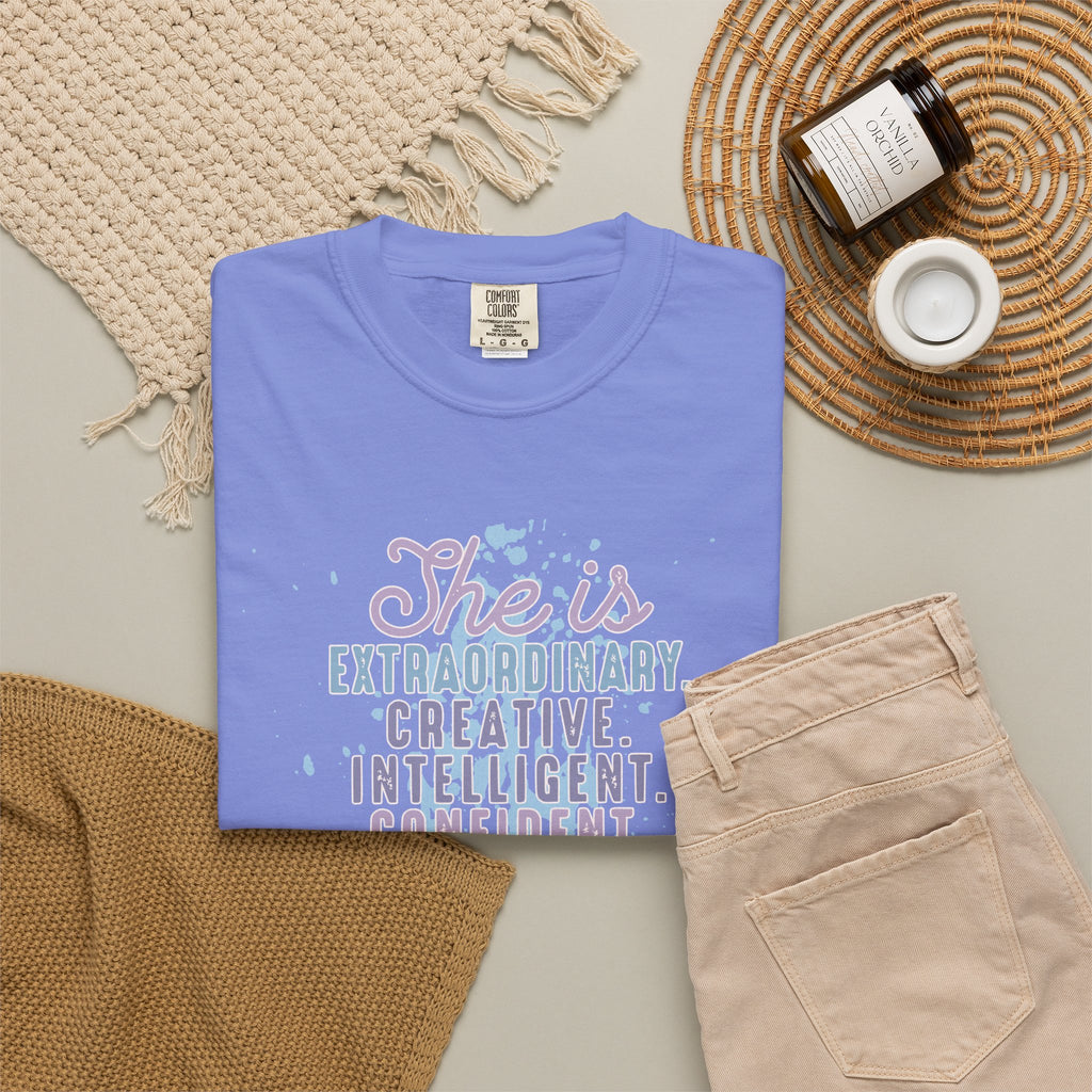 She Is Inspirational Textured Graphic T-Shirt — "She is extraordinary, creative, intelligent..."