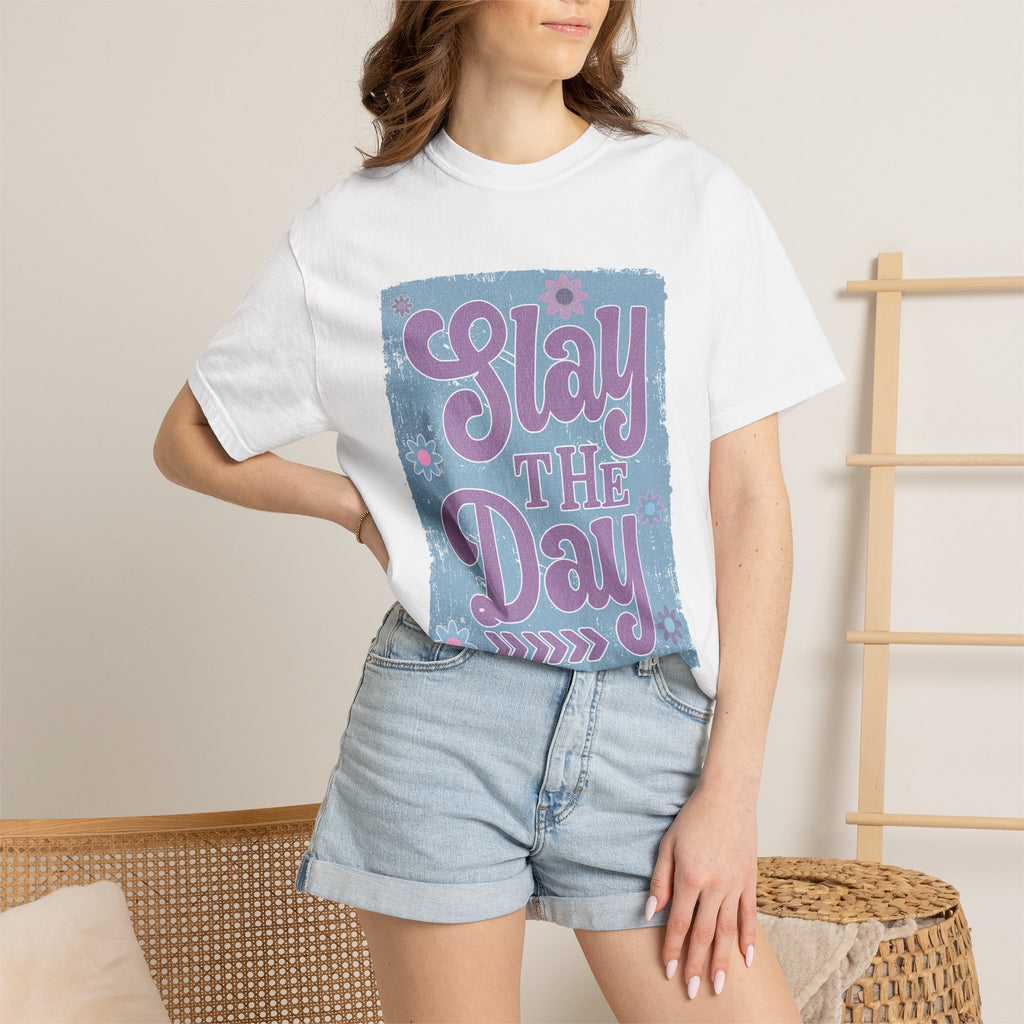 Textured Slay the Day Graphic T-Shirt — Retro Pastel Motivation Tee