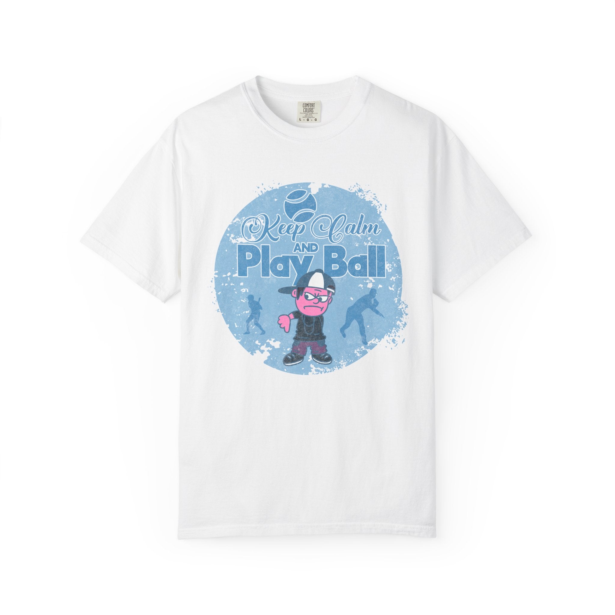 Textured Keep Calm and Play Ball Baseball T-Shirt — Cute Mascot Sports Tee for Kids & Fans