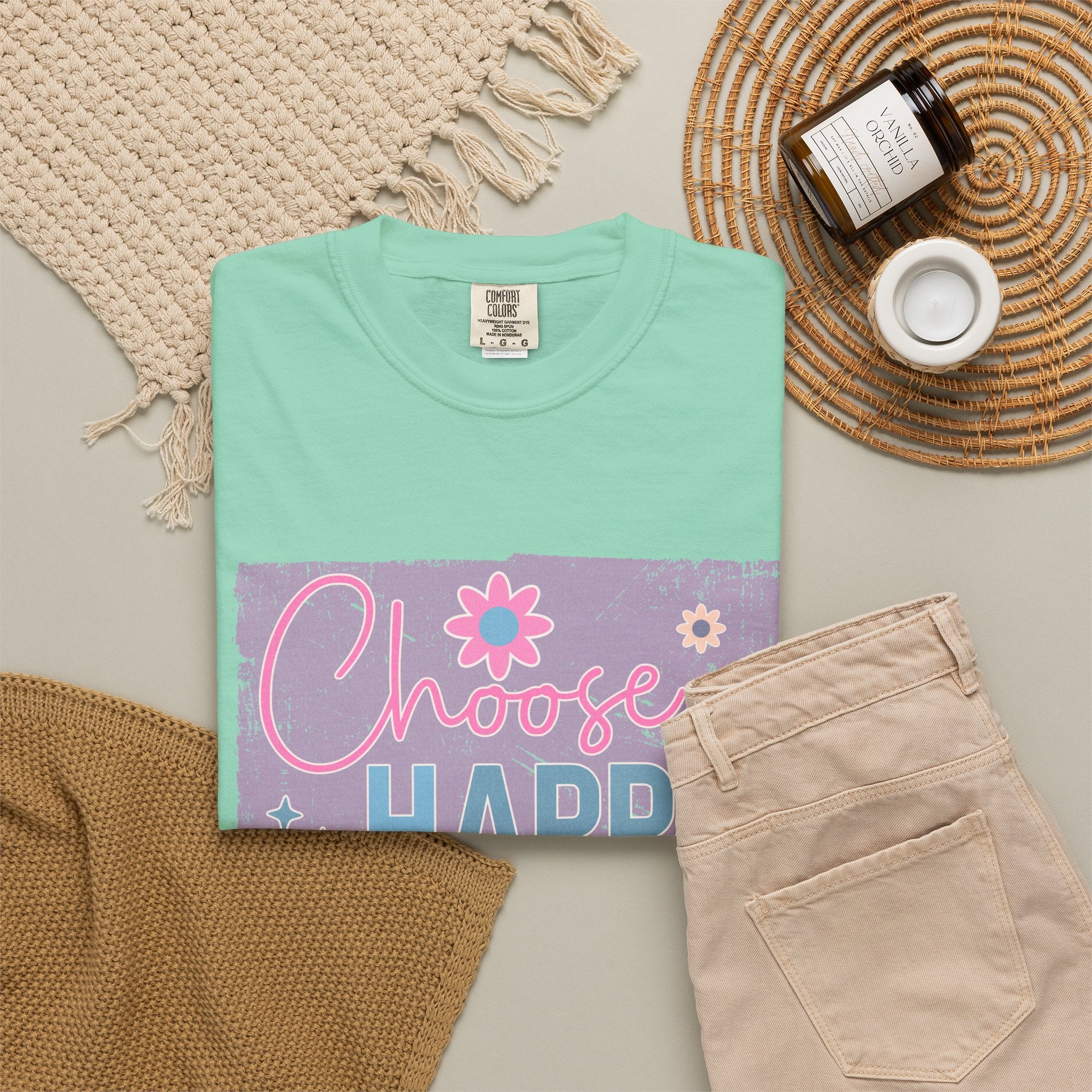 Choose Happy Textured T-Shirt — Retro Floral Positive Message Tee