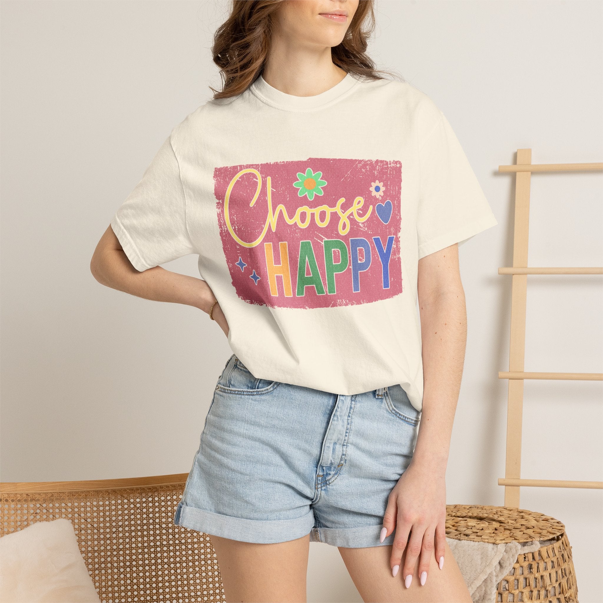 Choose Happy Textured T-Shirt – Retro Floral Positive Vibes Tee