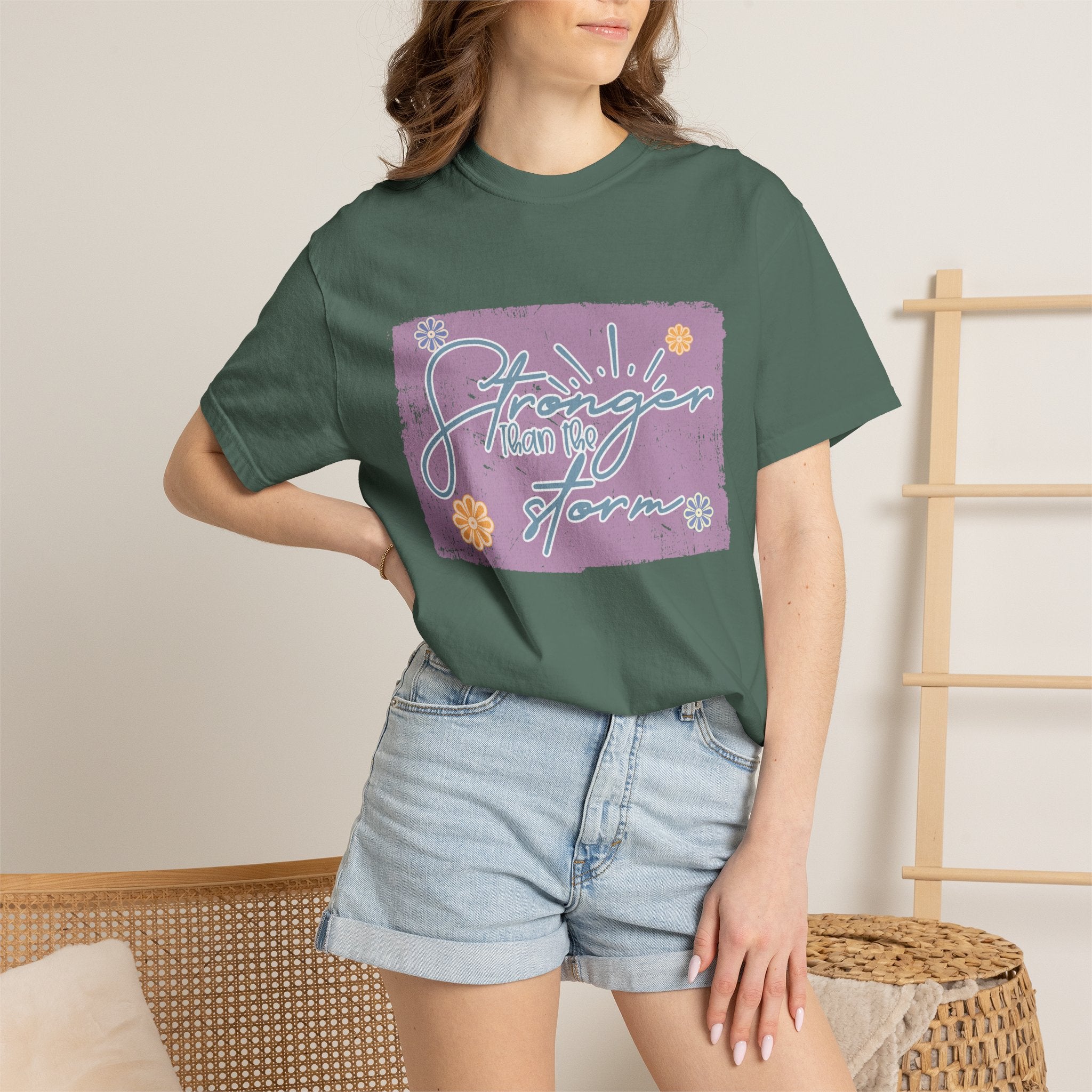 Stronger Than The Storm T-shirt |Textured Floral Script Graphic