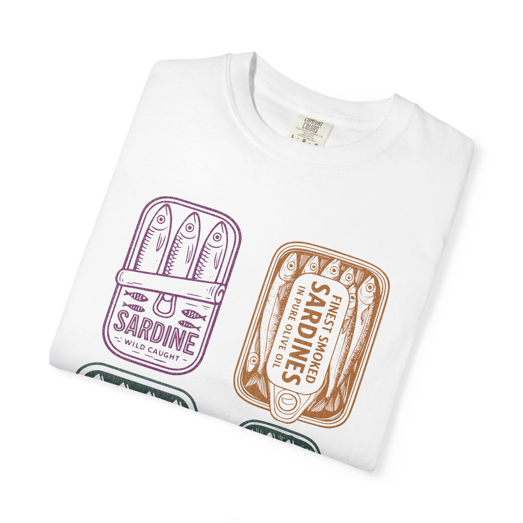 Sardine Tin Graphic Textured T-Shirt — Vintage Seafood Illustration Tee
