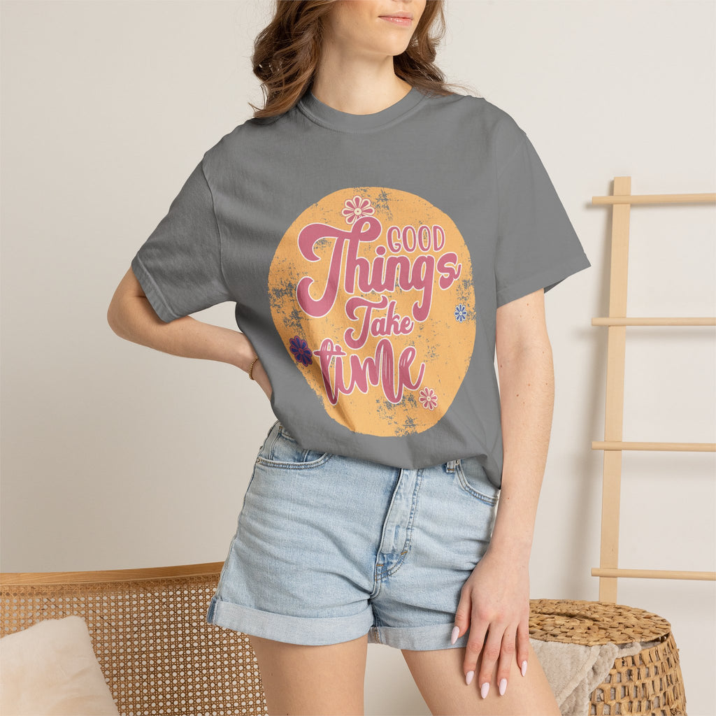 Good Things Take Time T-Shirt | Textured Retro Script Floral Graphic