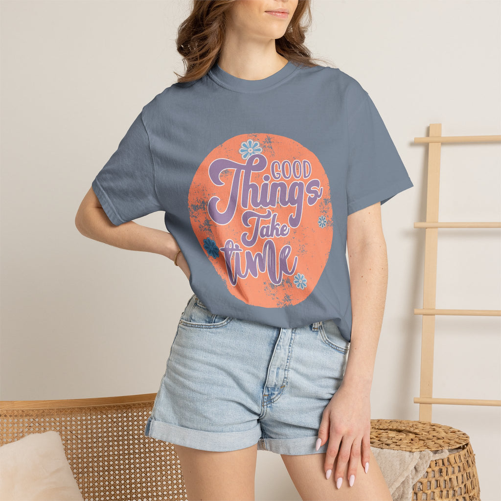 Good Things Take Time T-shirt | Textured Retro Script Circle Design