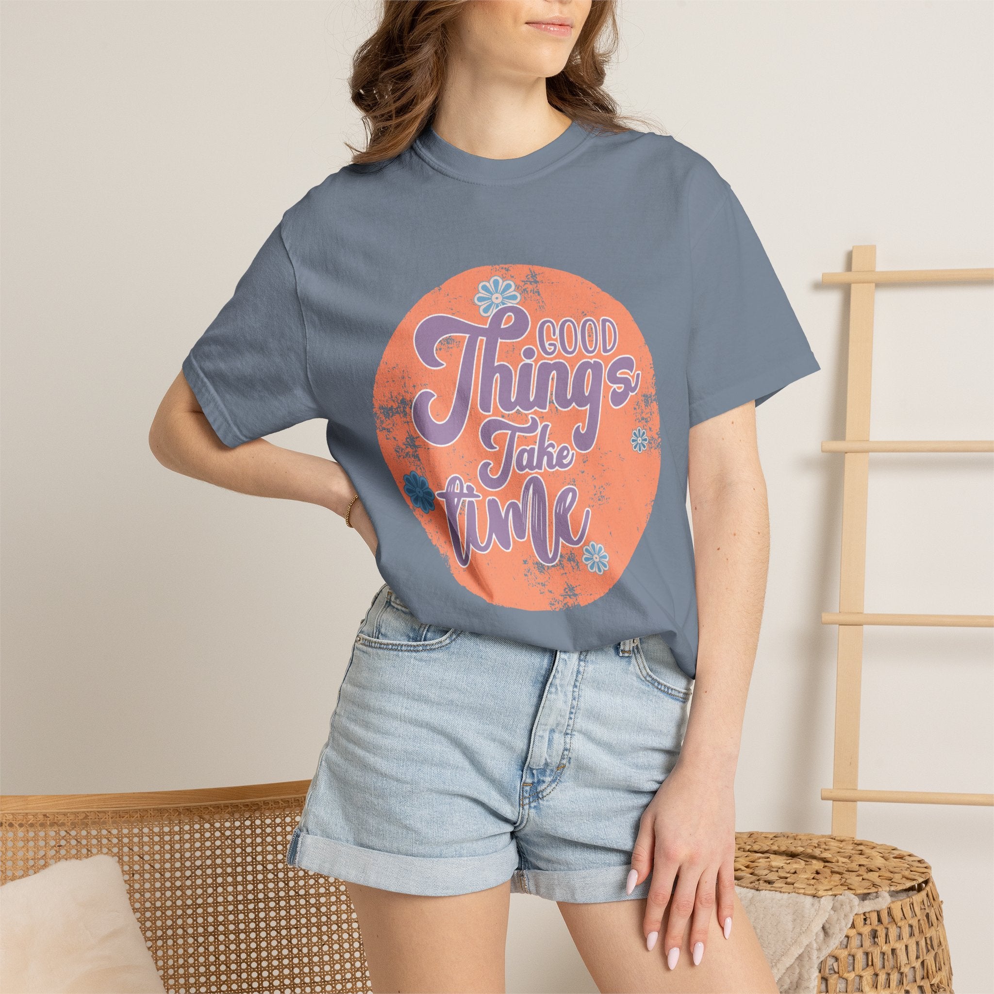 Good Things Take Time T-shirt | Textured Retro Script Circle Design