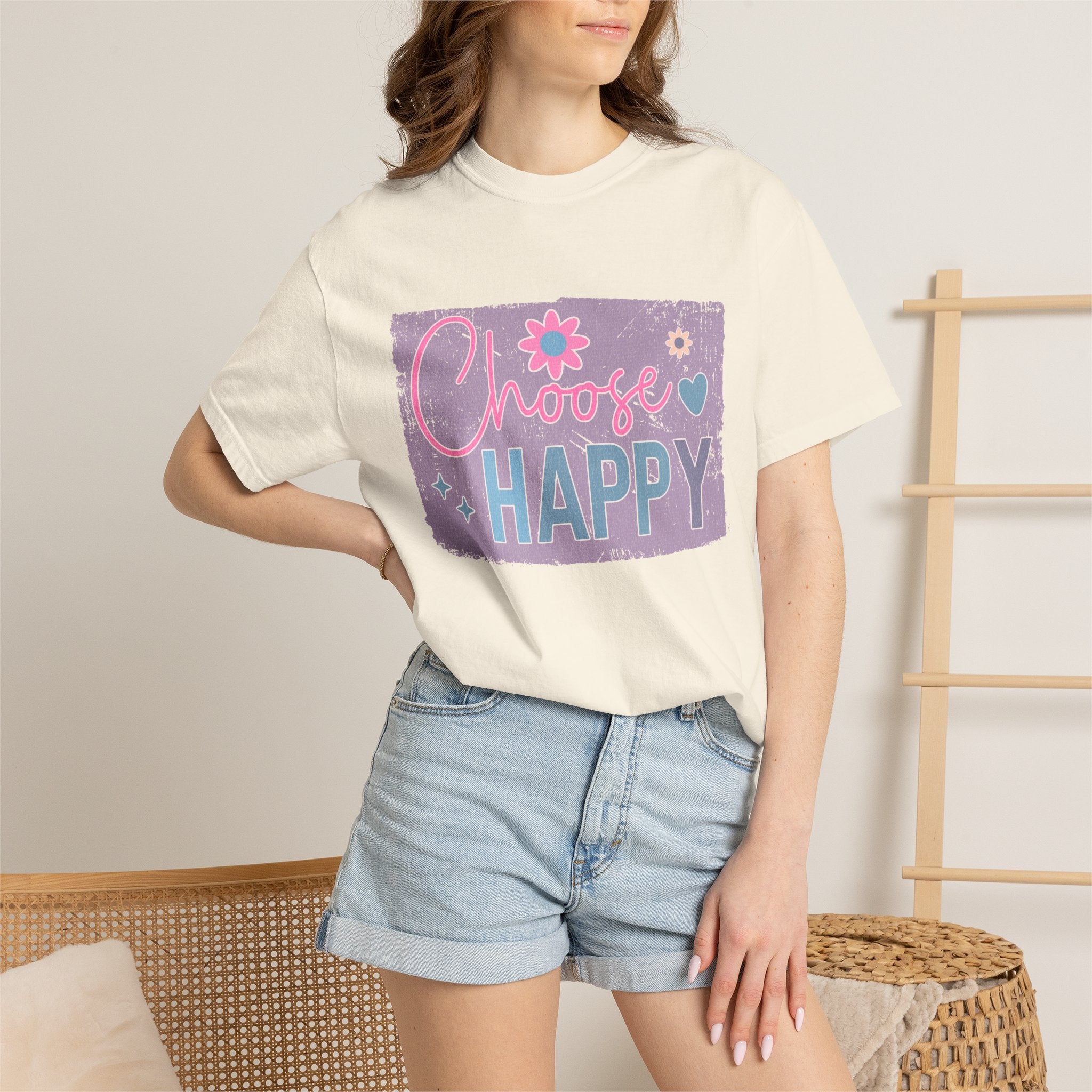 Choose Happy Textured T-Shirt — Retro Floral Positive Message Tee