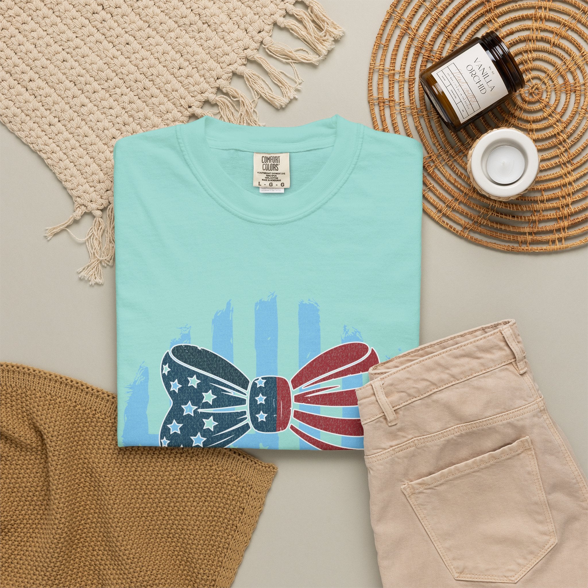 America Patriotic Bow Textured T-Shirt — USA Flag Graphic Tee for 4th of July