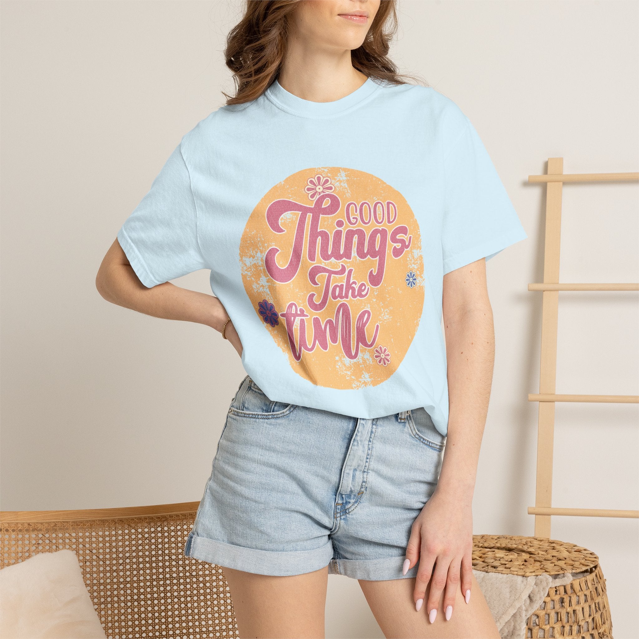 Good Things Take Time T-Shirt | Textured Retro Script Floral Graphic
