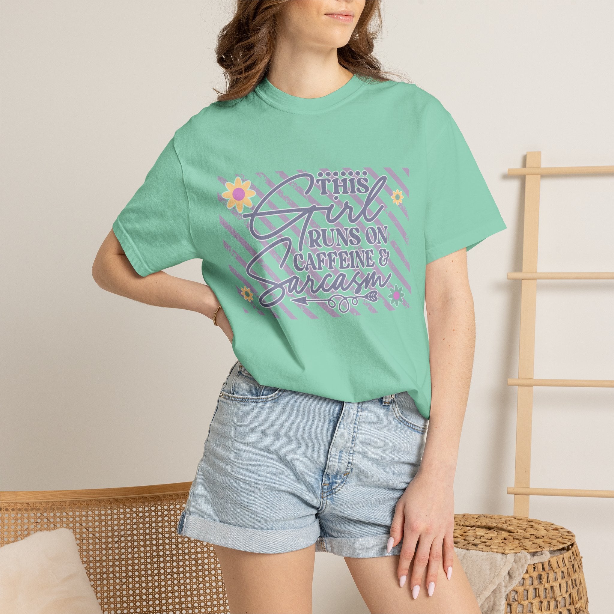 This Girl Runs On Caffeine & Sarcasm  — Textured Women's Graphic T-Shirt