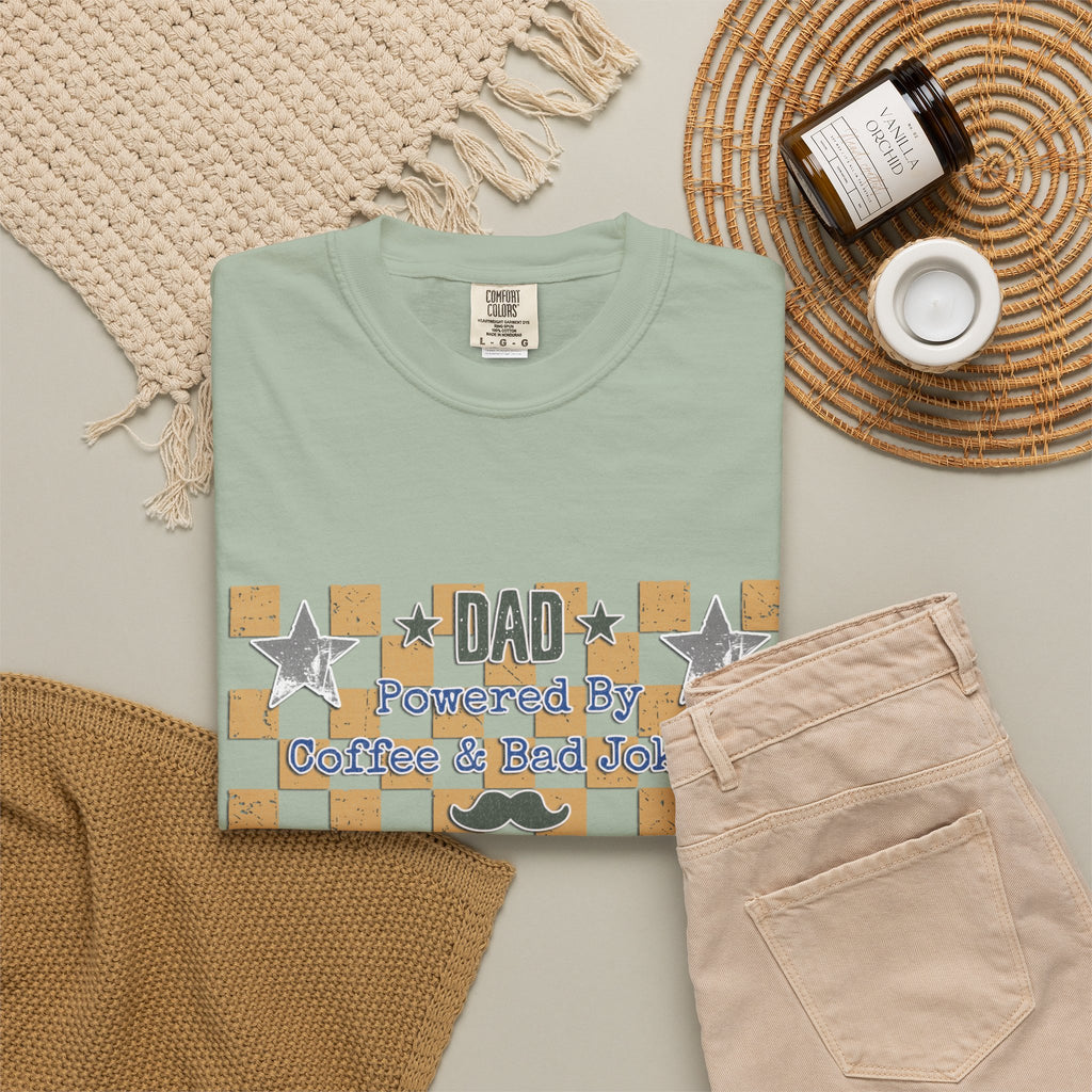 Dad Powered By Coffee & Bad Jokes Textured T-Shirt — Funny Fathers Day Gift