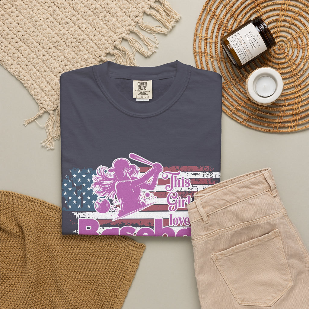 Textured Baseball Tee — "This Girl Loves Baseball" Patriotic Pink Softball T-Shirt