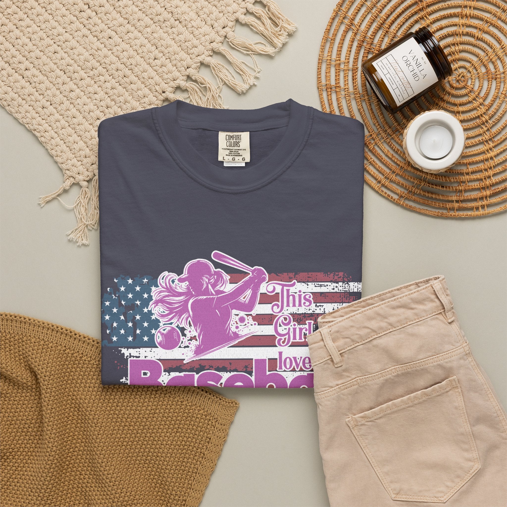Textured Baseball Tee — "This Girl Loves Baseball" Patriotic Pink Softball T-Shirt