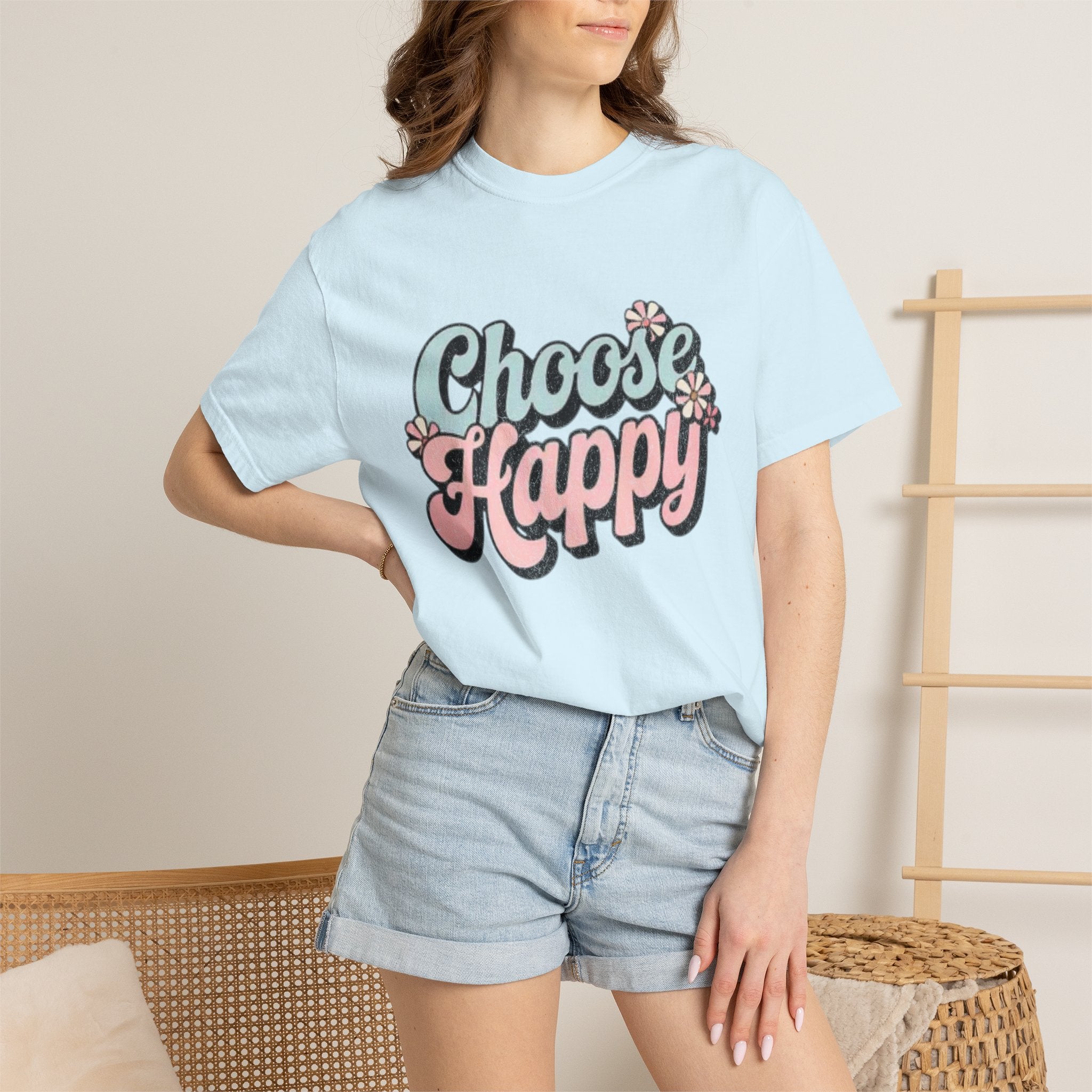 Choose Happy retro script shirt | Textured Positive message tee, pastel floral design